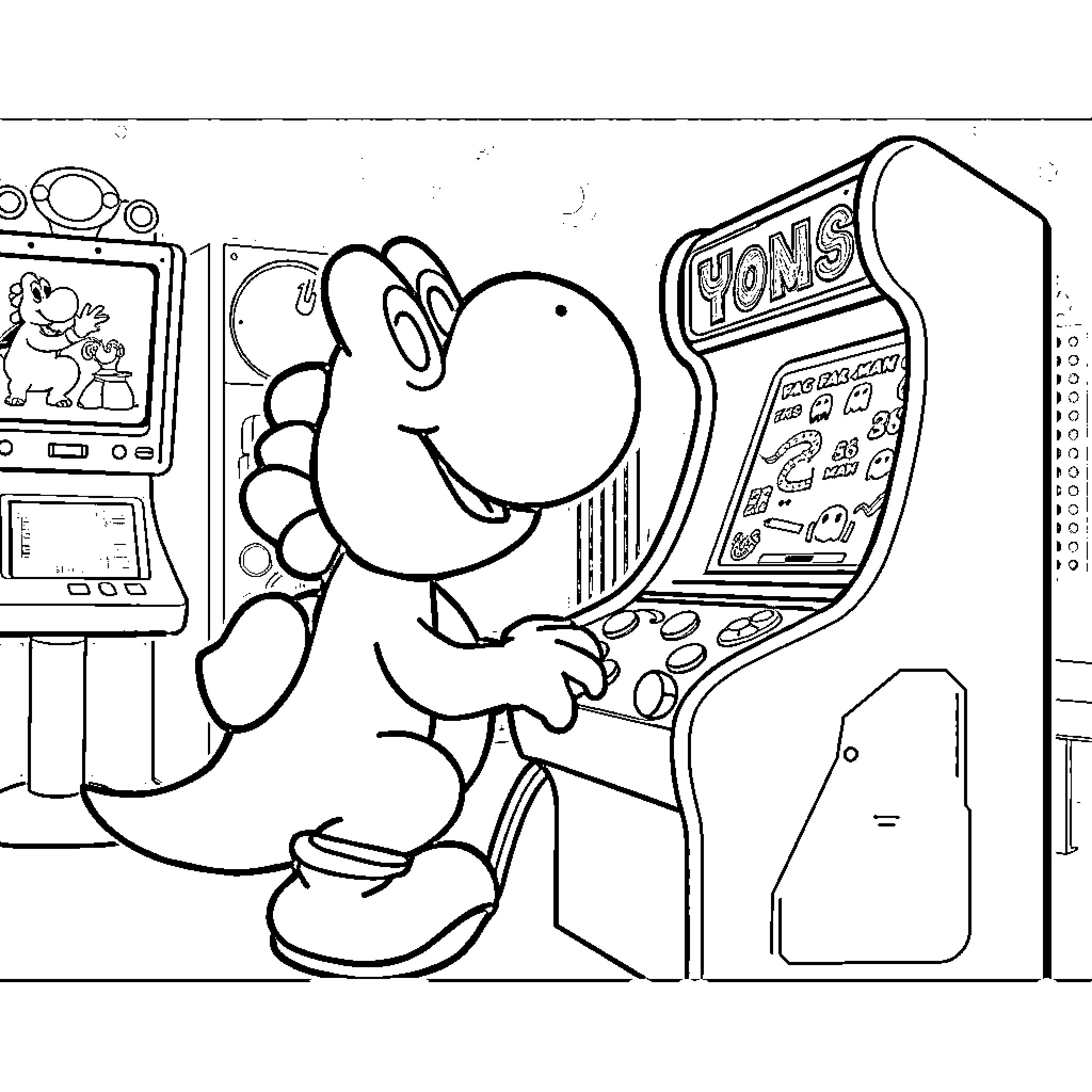 Yoshi enjoying a retro arcade game Coloring Page (free black-and-white line drawing printable PDF for all, from beginners to advanced learners, including children, teens, adults, and seniors)