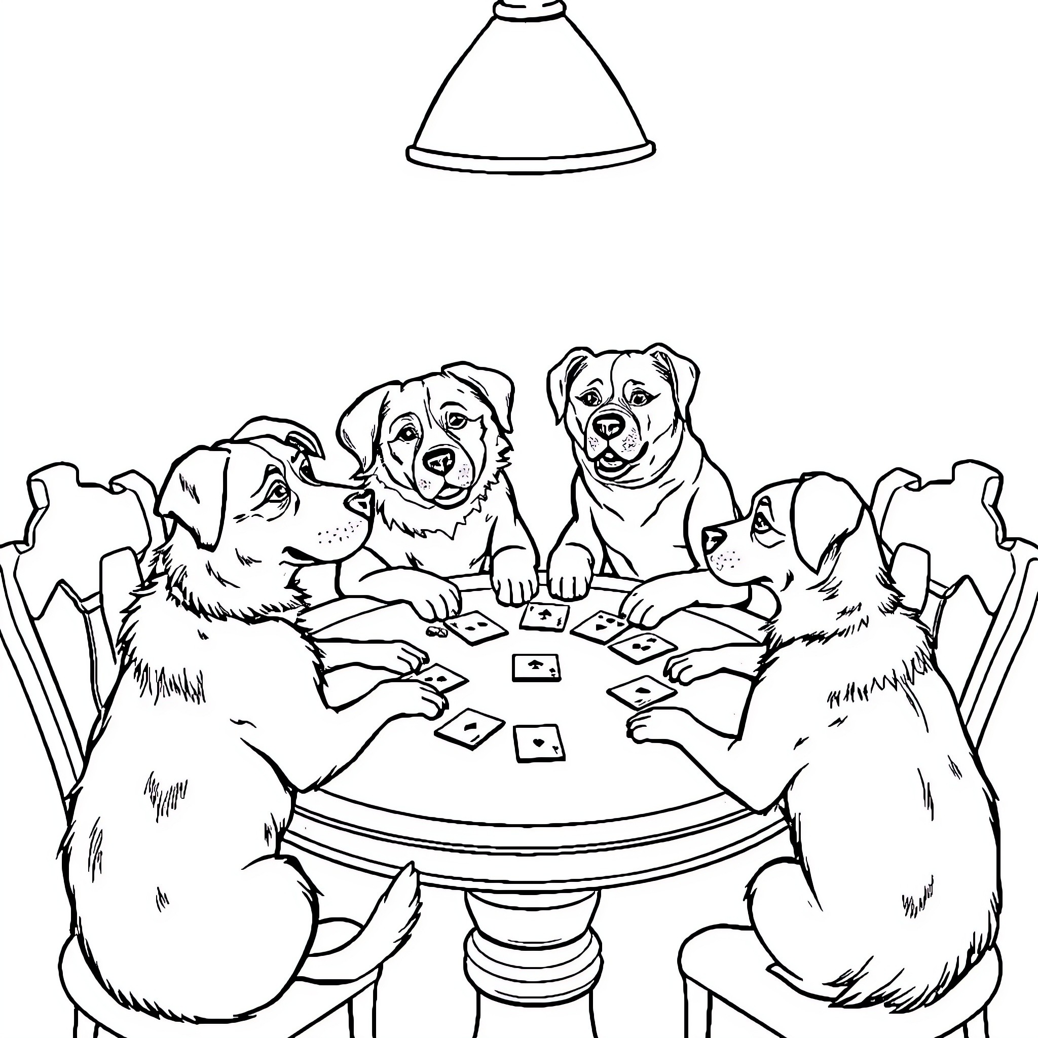 Dogs playing cards together under a lamp Coloring Page (free black-and-white line drawing printable PDF for all, from beginners to advanced learners, including children, teens, adults, and seniors)