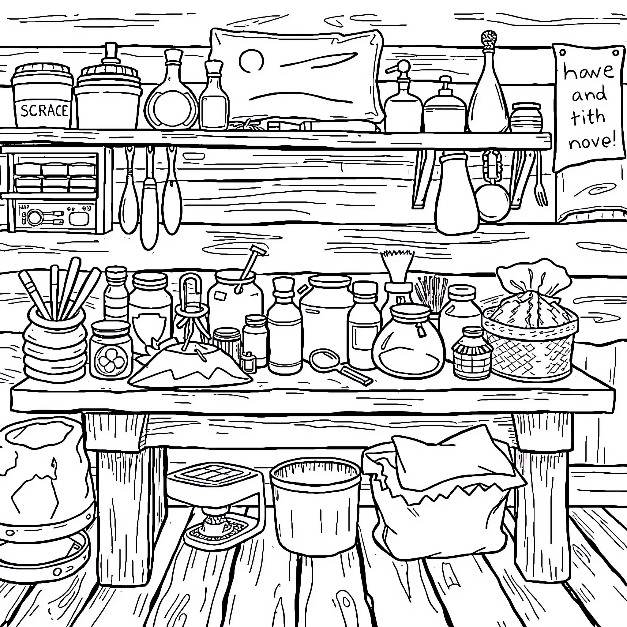 Bob's Cluttered Shelves: A Curious Assortment Coloring Page (free black-and-white line drawing printable PDF for all, from beginners to advanced learners, including children, teens, adults, and seniors)