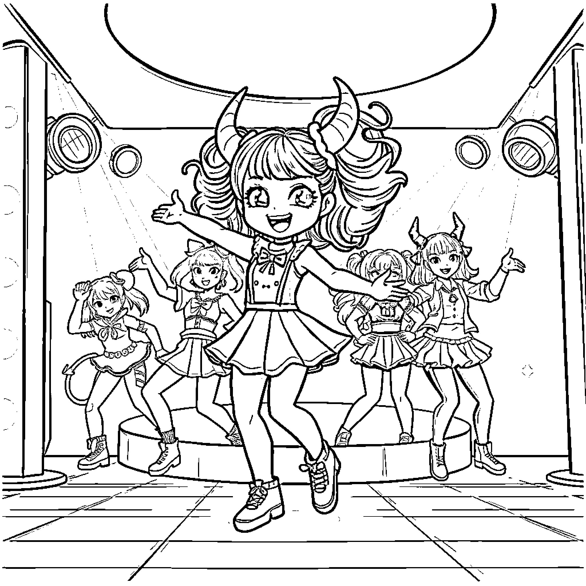 Gabby and her friends performing on stage Coloring Page (free black-and-white line drawing printable PDF for all, from beginners to advanced learners, including children, teens, adults, and seniors)