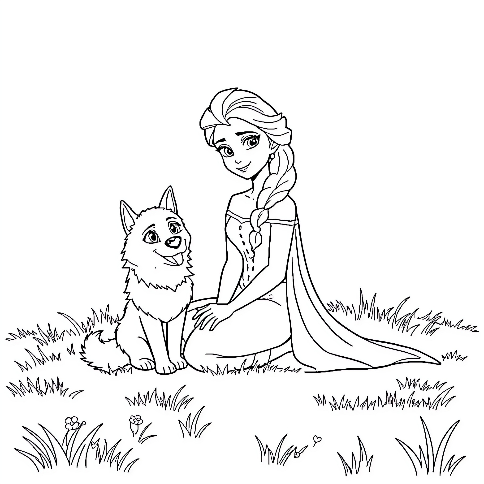 Elsa and her furry companion enjoy the outdoors Coloring Page (free black-and-white line drawing printable PDF for all, from beginners to advanced learners, including children, teens, adults, and seniors)