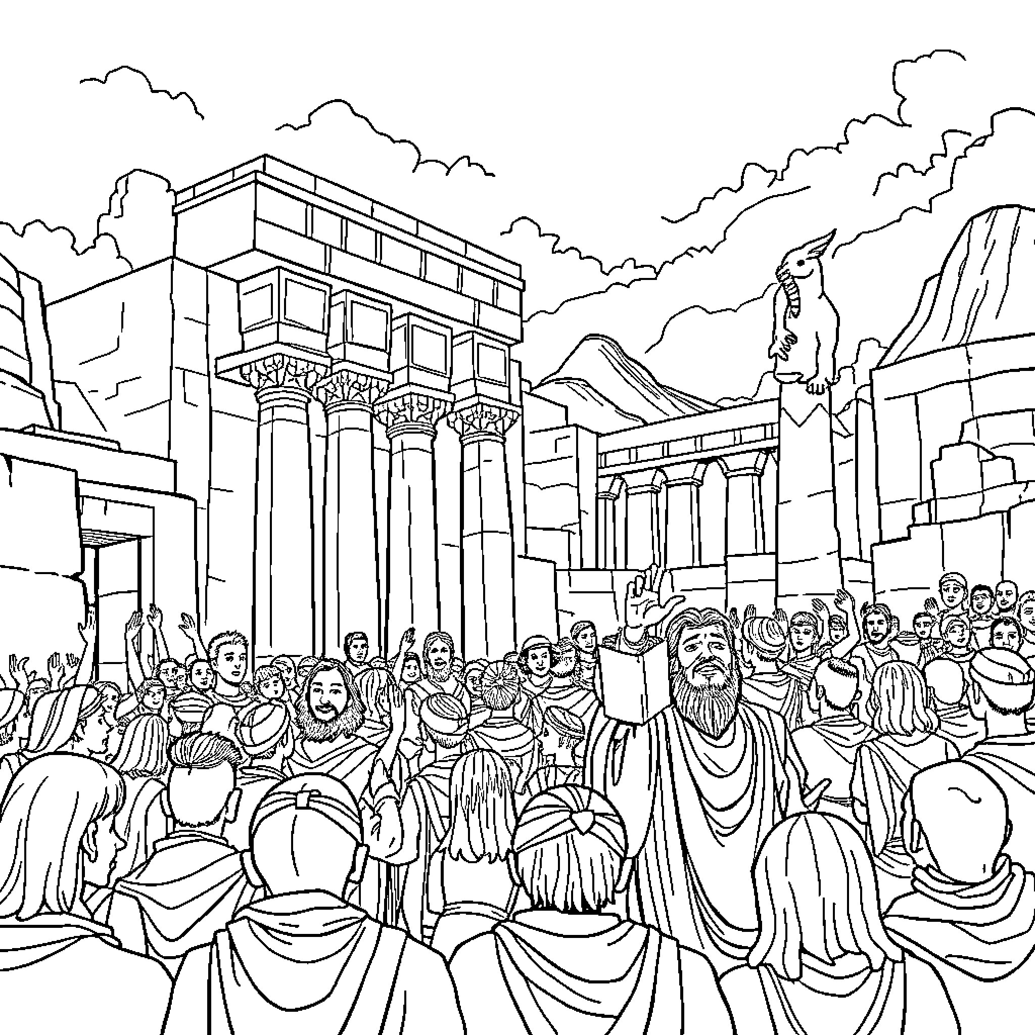Jonah addressing the crowd in the ancient city Coloring Page (free black-and-white line drawing printable PDF for all, from beginners to advanced learners, including children, teens, adults, and seniors)