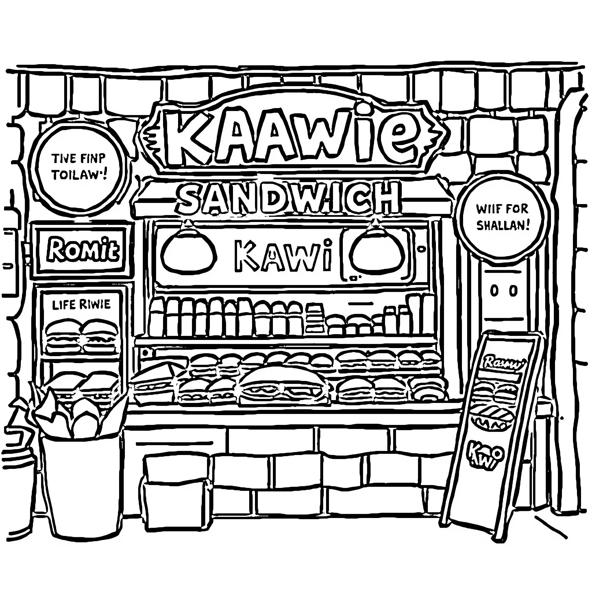 Sandwich Shop with Unique Signage and Offerings Coloring Page (free black-and-white line drawing printable PDF for all, from beginners to advanced learners, including children, teens, adults, and seniors)