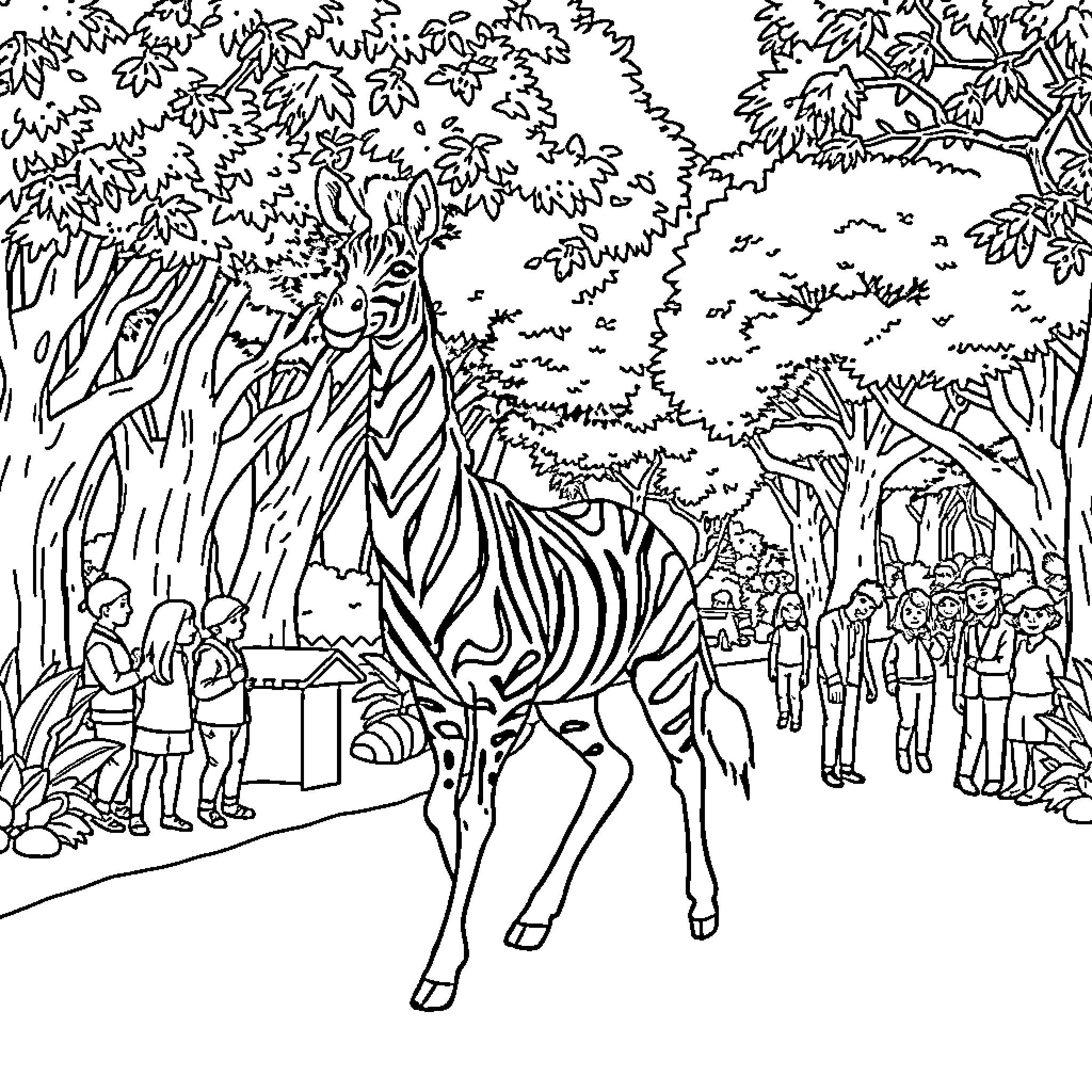 Giraffe in the lush forest landscape Coloring Page (free black-and-white line drawing printable PDF for all, from beginners to advanced learners, including children, teens, adults, and seniors)