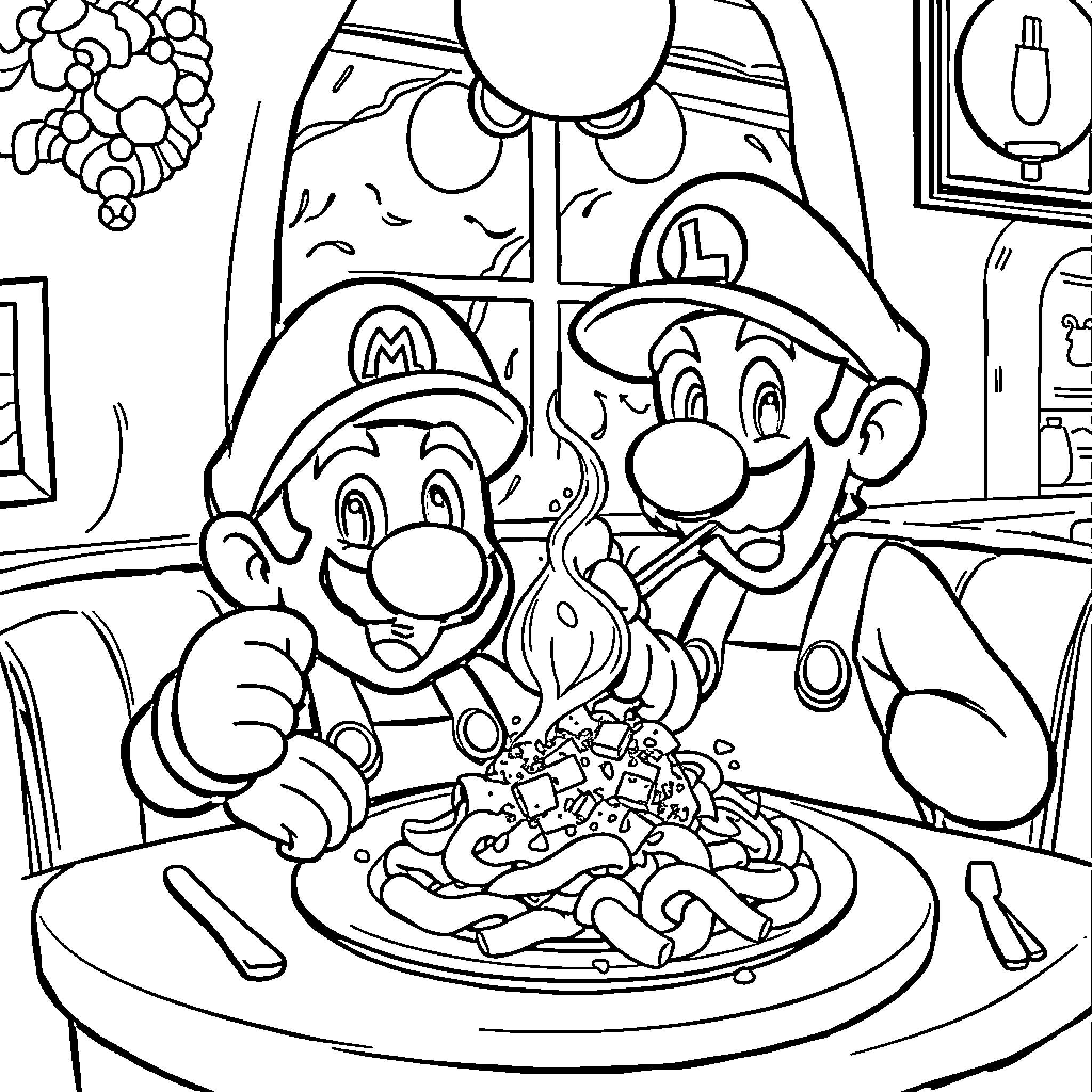Mario Enjoys a Delicious Meal Coloring Page (free black-and-white line drawing printable PDF for all, from beginners to advanced learners, including children, teens, adults, and seniors)