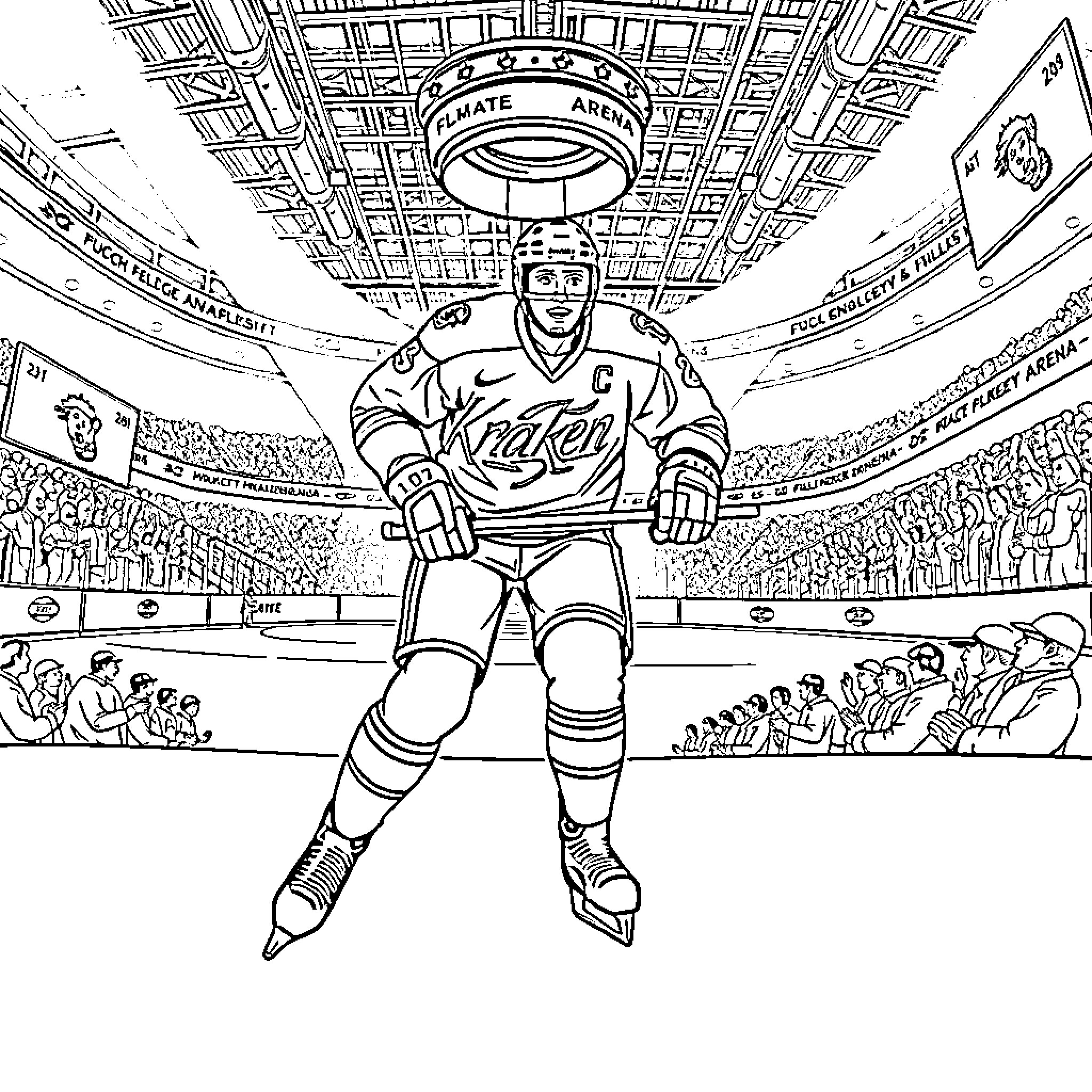 Seattle Kraken player on the ice in arena Coloring Page (free black-and-white line drawing printable PDF for all, from beginners to advanced learners, including children, teens, adults, and seniors)