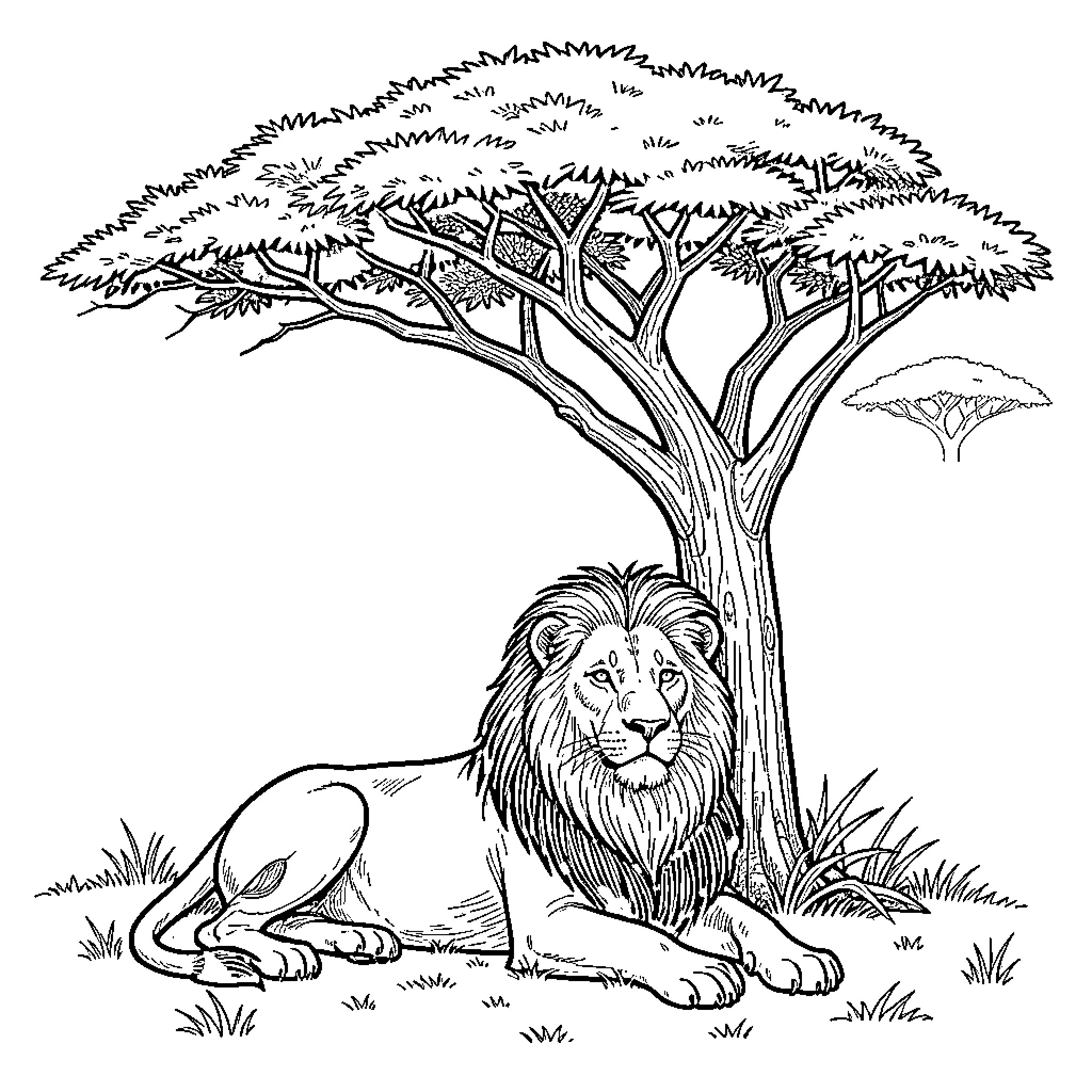 Lion resting under a large tree Coloring Page (free black-and-white line drawing printable PDF for all, from beginners to advanced learners, including children, teens, adults, and seniors)