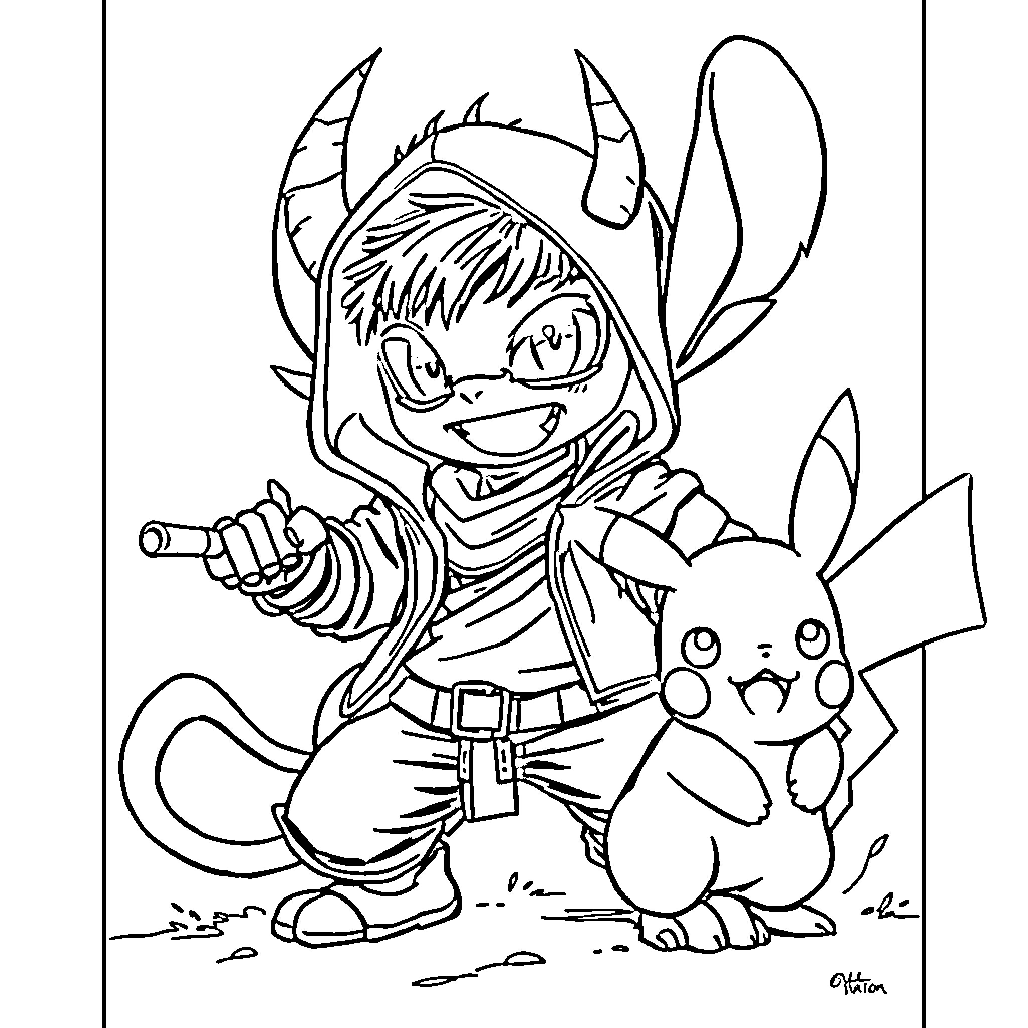 Demon Hunter wielding weapon with cute companion Coloring Page (free black-and-white line drawing printable PDF for all, from beginners to advanced learners, including children, teens, adults, and seniors)