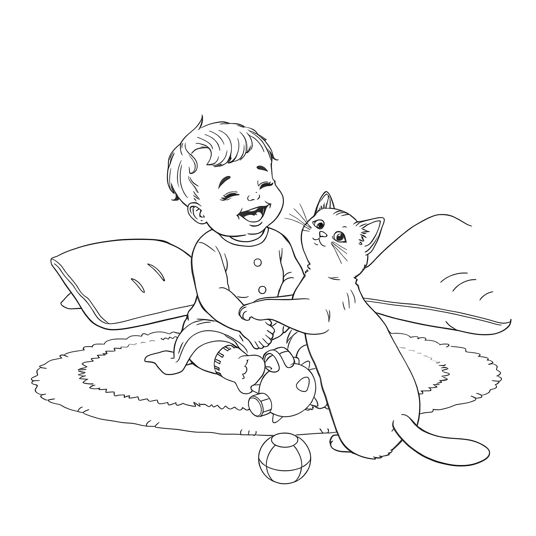 Baby playing happily with a kitten on the floor Coloring Page (free black-and-white line drawing printable PDF for all, from beginners to advanced learners, including children, teens, adults, and seniors)