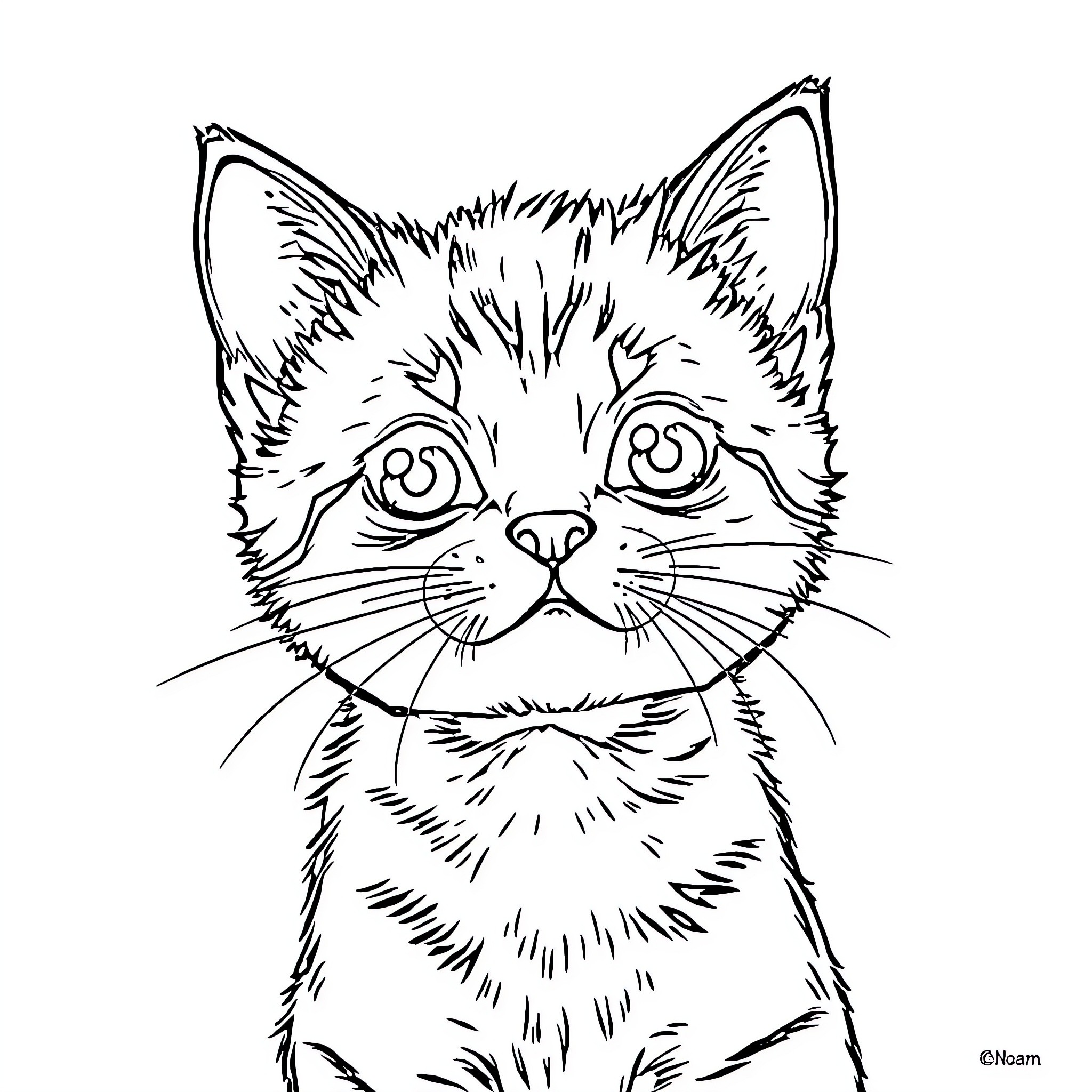 Noam the Curious Kitten Coloring Page (free black-and-white line drawing printable PDF for all, from beginners to advanced learners, including children, teens, adults, and seniors)