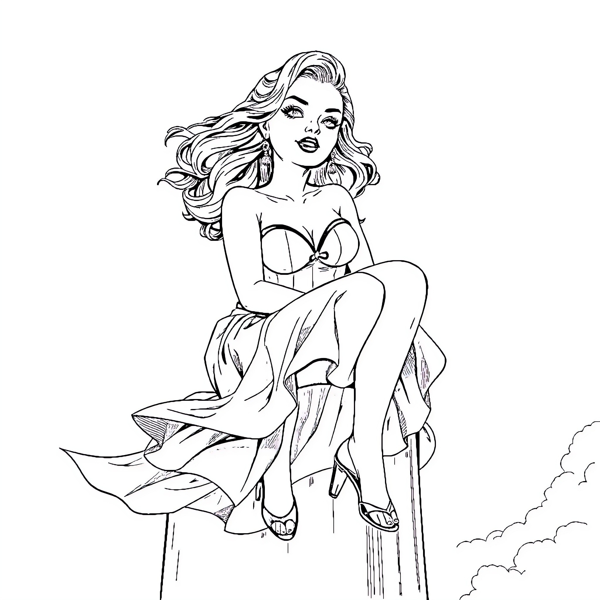 Pinup Girl Posing Confidently in Glamorous Outfit Coloring Page (free black-and-white line drawing printable PDF for all, from beginners to advanced learners, including children, teens, adults, and seniors)