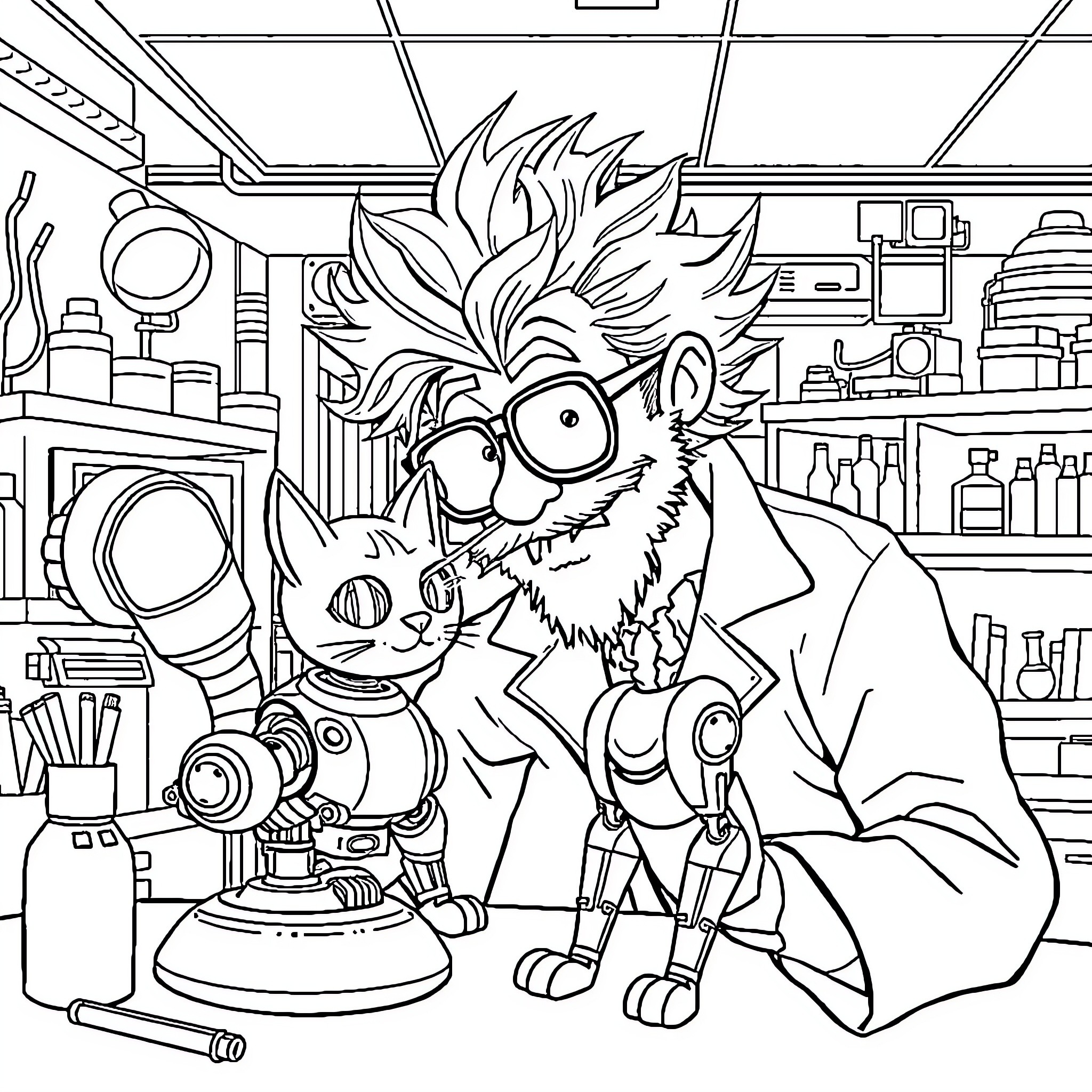 Scientist and his robot assistant in the laboratory Coloring Page (free black-and-white line drawing printable PDF for all, from beginners to advanced learners, including children, teens, adults, and seniors)
