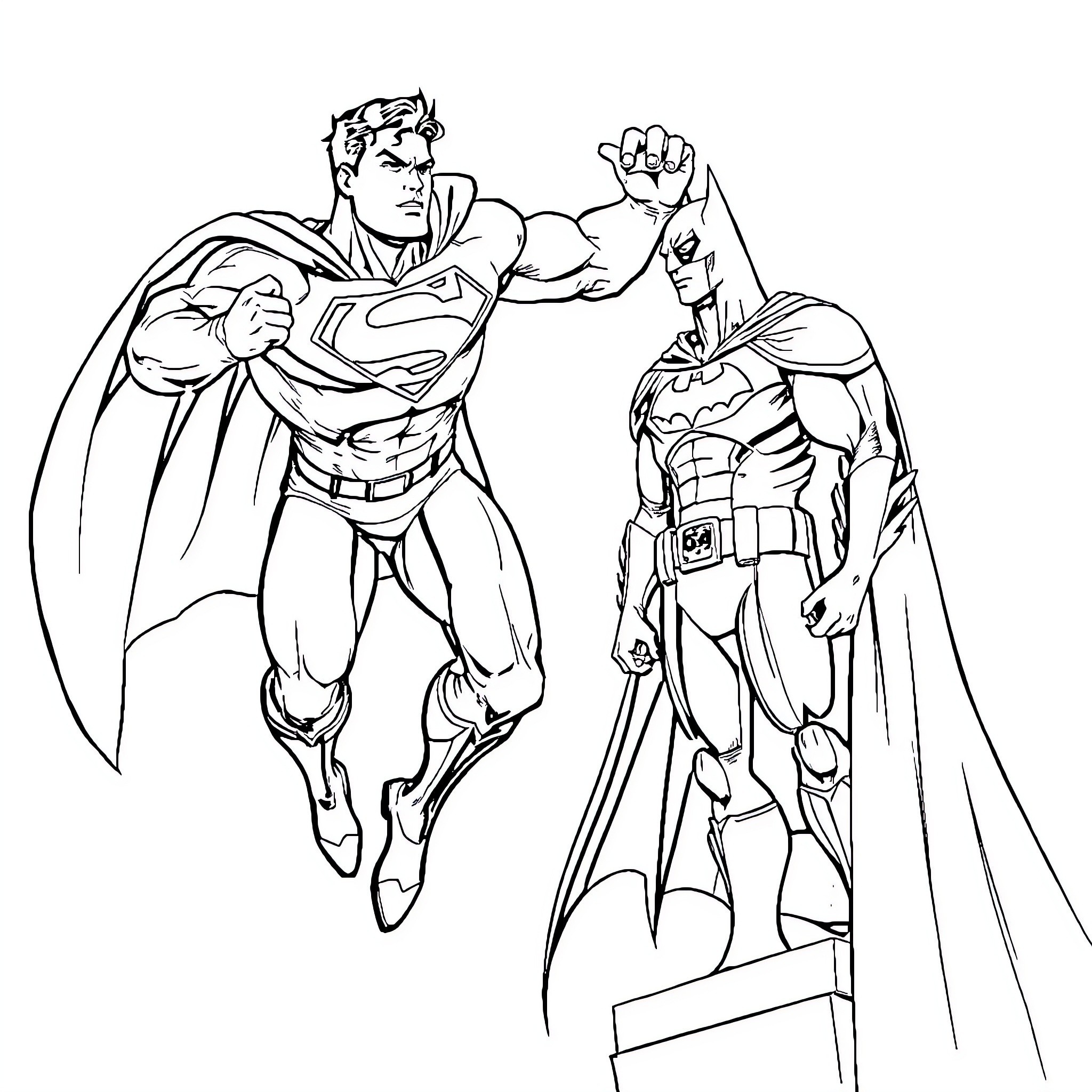 Superman and Batman heroic duo in action Coloring Page (free black-and-white line drawing printable PDF for all, from beginners to advanced learners, including children, teens, adults, and seniors)