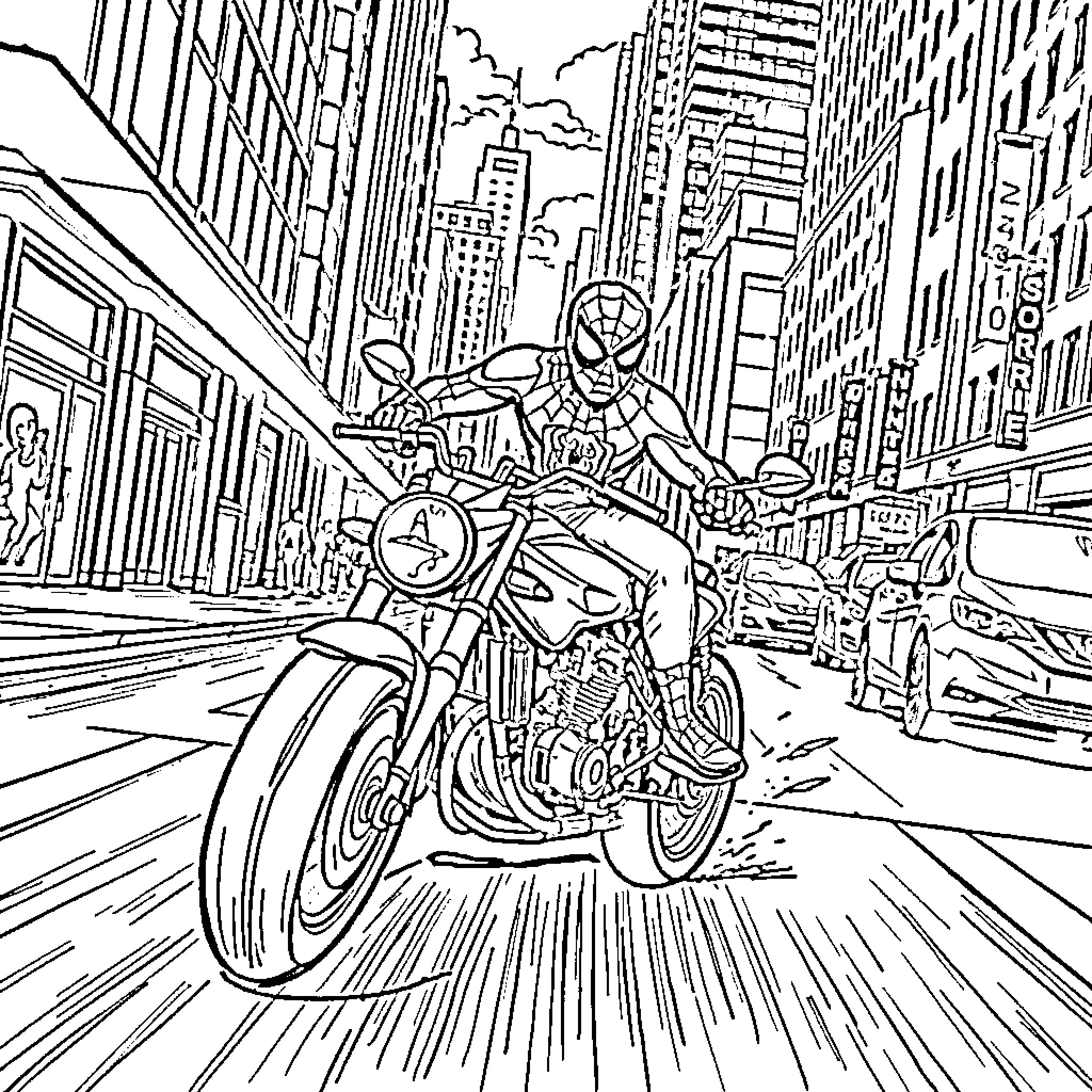 Spiderman racing through the city on a motorcycle Coloring Page (free black-and-white line drawing printable PDF for all, from beginners to advanced learners, including children, teens, adults, and seniors)