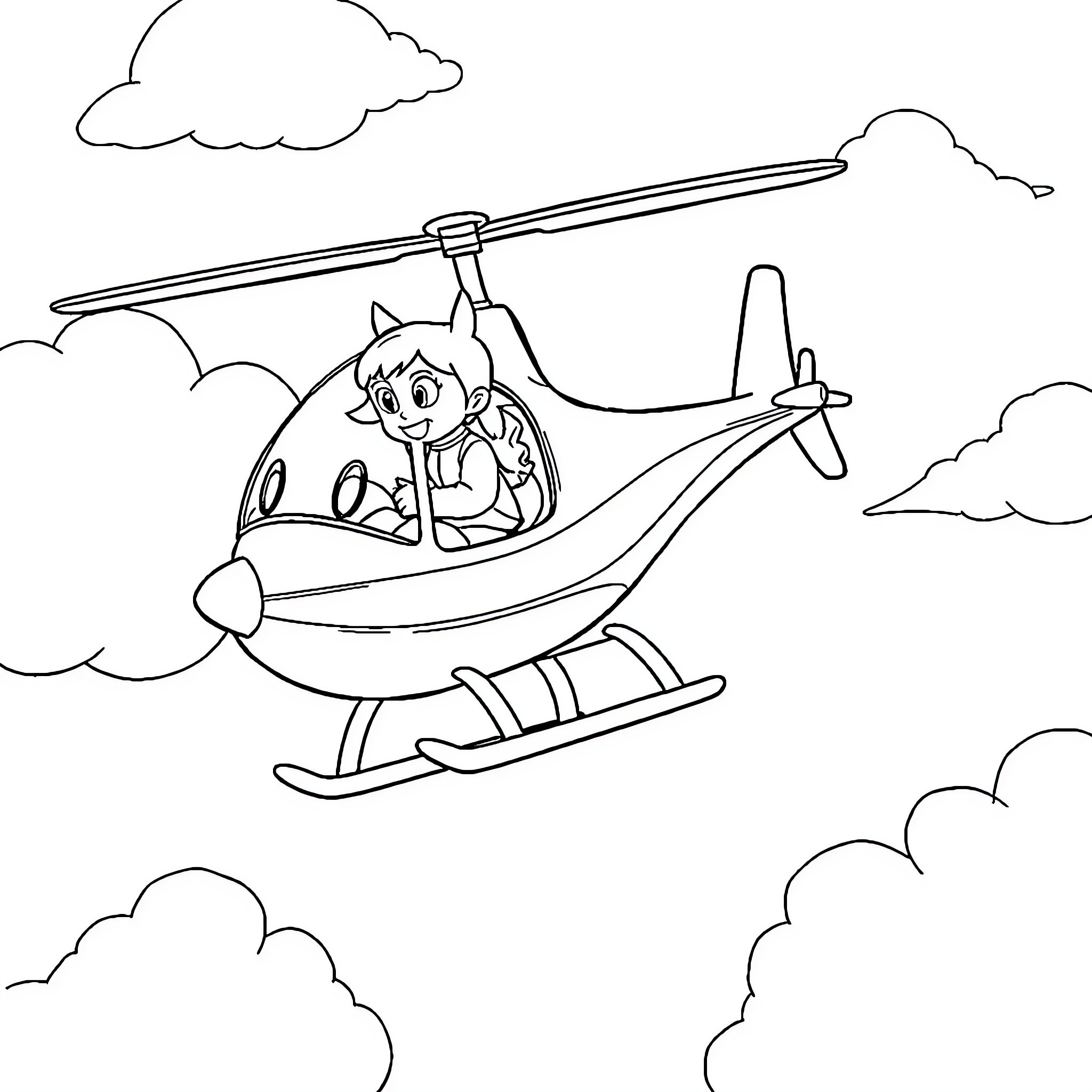 Pat Patrol Riding Fun Helicopter in the Sky Coloring Page (free black-and-white line drawing printable PDF for all, from beginners to advanced learners, including children, teens, adults, and seniors)