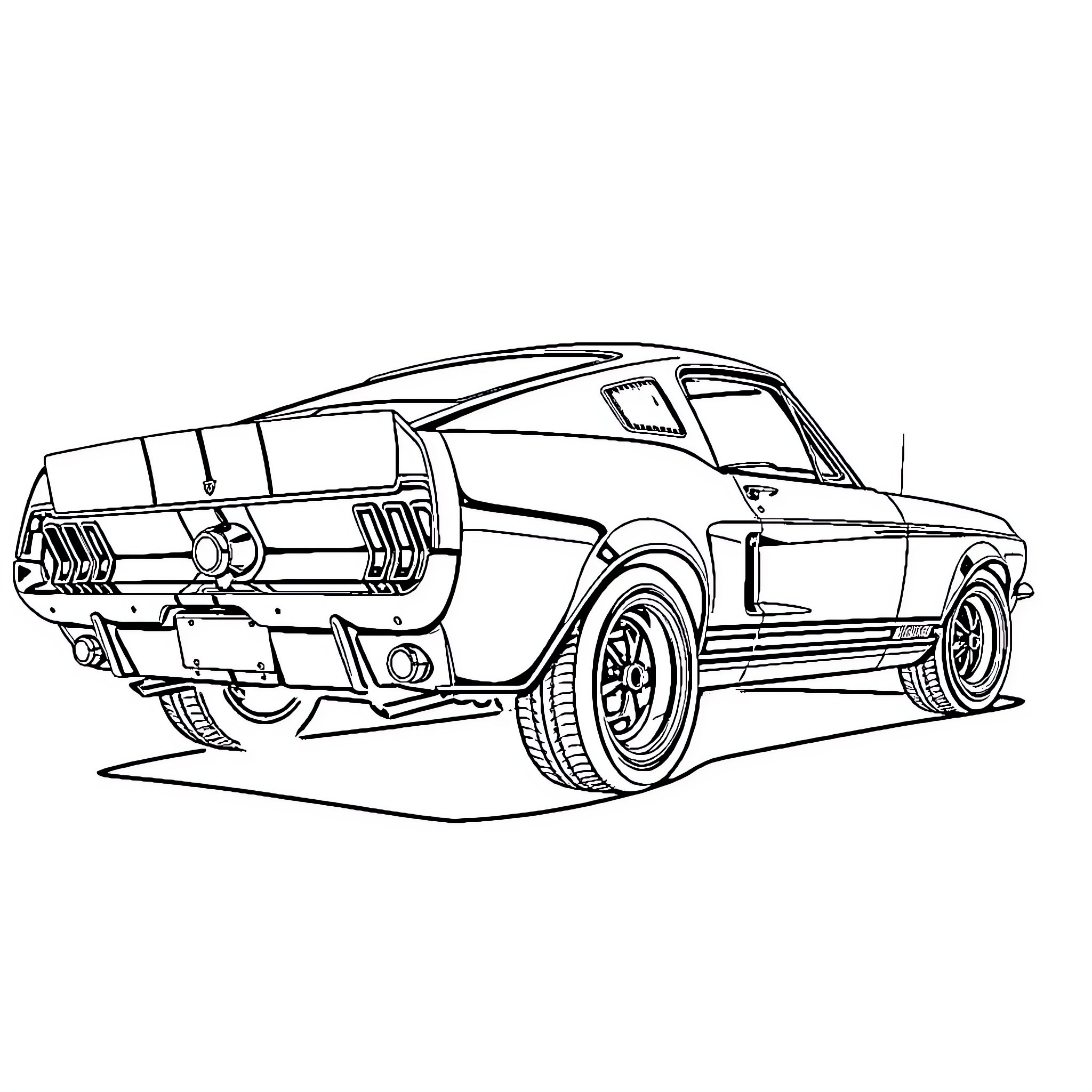 Mustang vintage sports car in motion Coloring Page (free black-and-white line drawing printable PDF for all, from beginners to advanced learners, including children, teens, adults, and seniors)