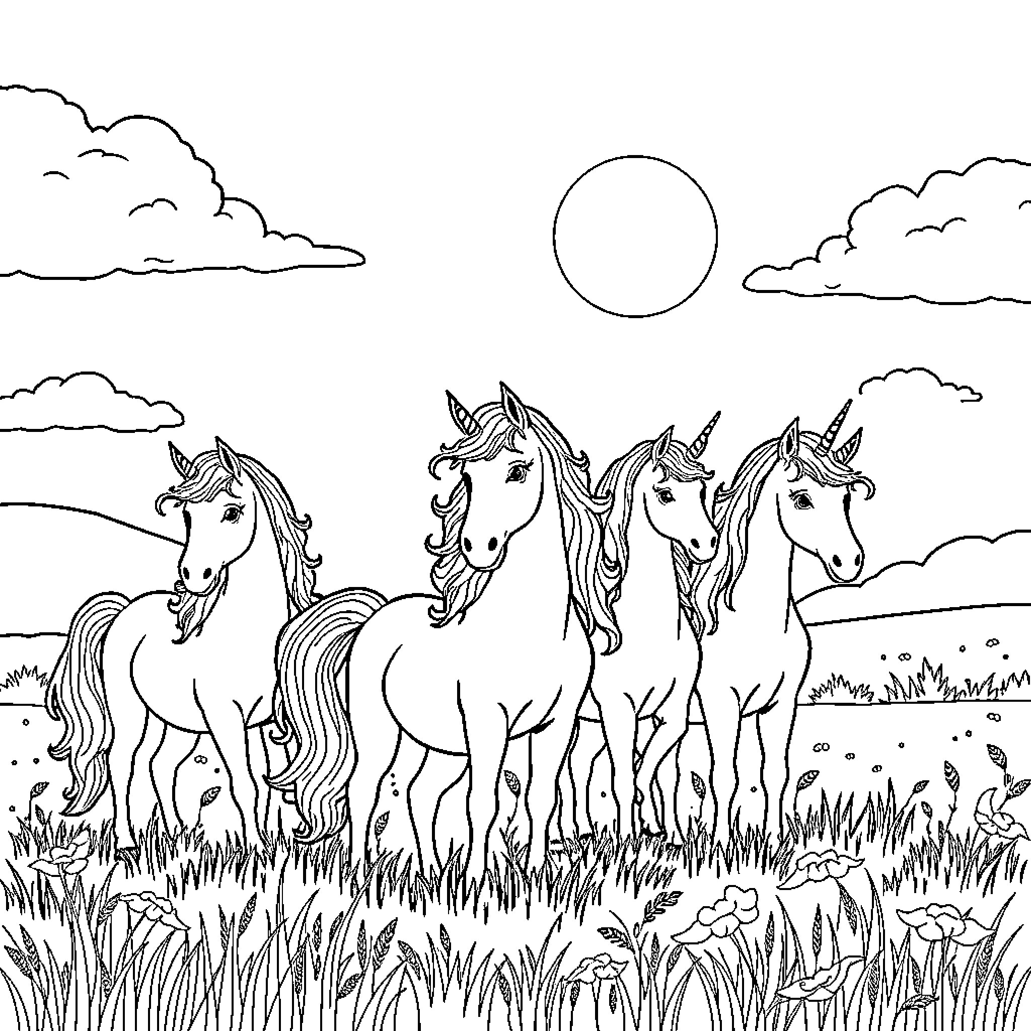 Unicorns grazing peacefully in a meadow Coloring Page (free black-and-white line drawing printable PDF for all, from beginners to advanced learners, including children, teens, adults, and seniors)