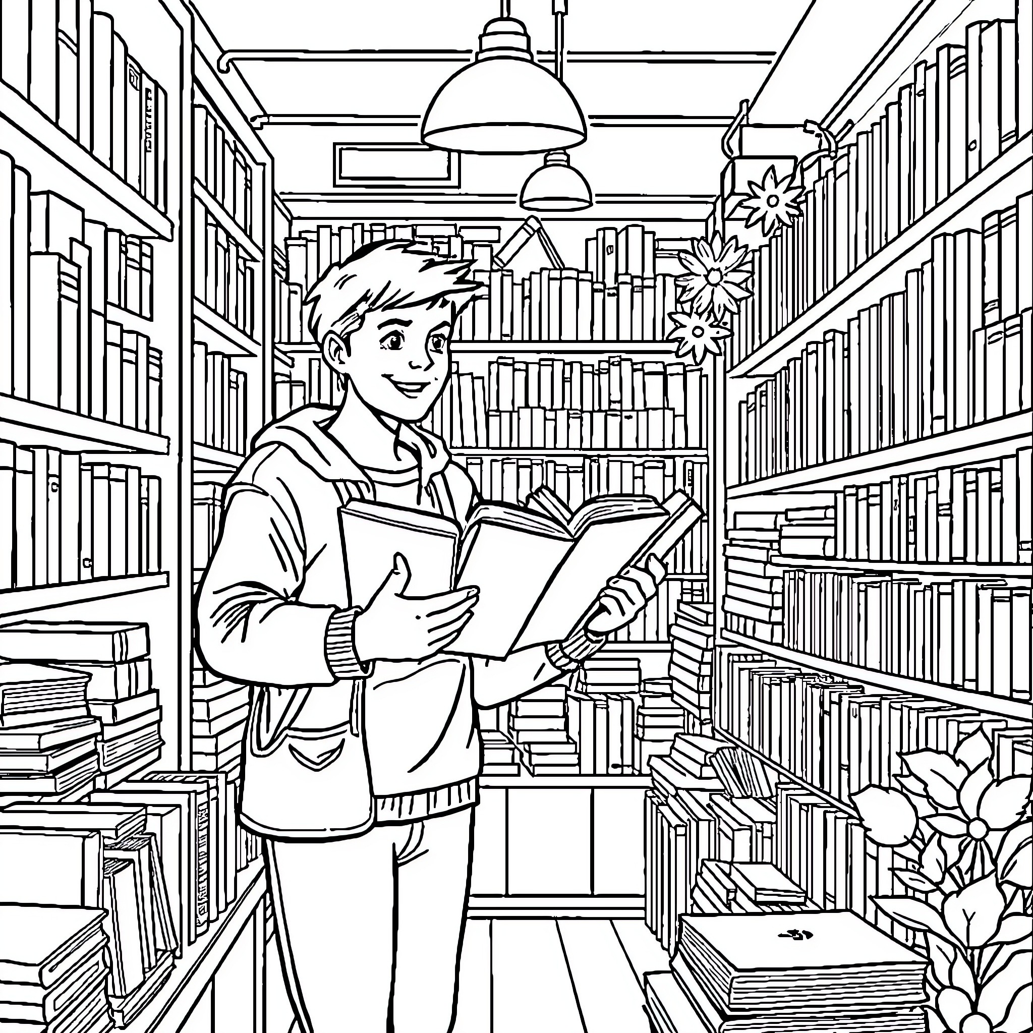Book Lover in Cozy Library Setting Coloring Page (free black-and-white line drawing printable PDF for all, from beginners to advanced learners, including children, teens, adults, and seniors)