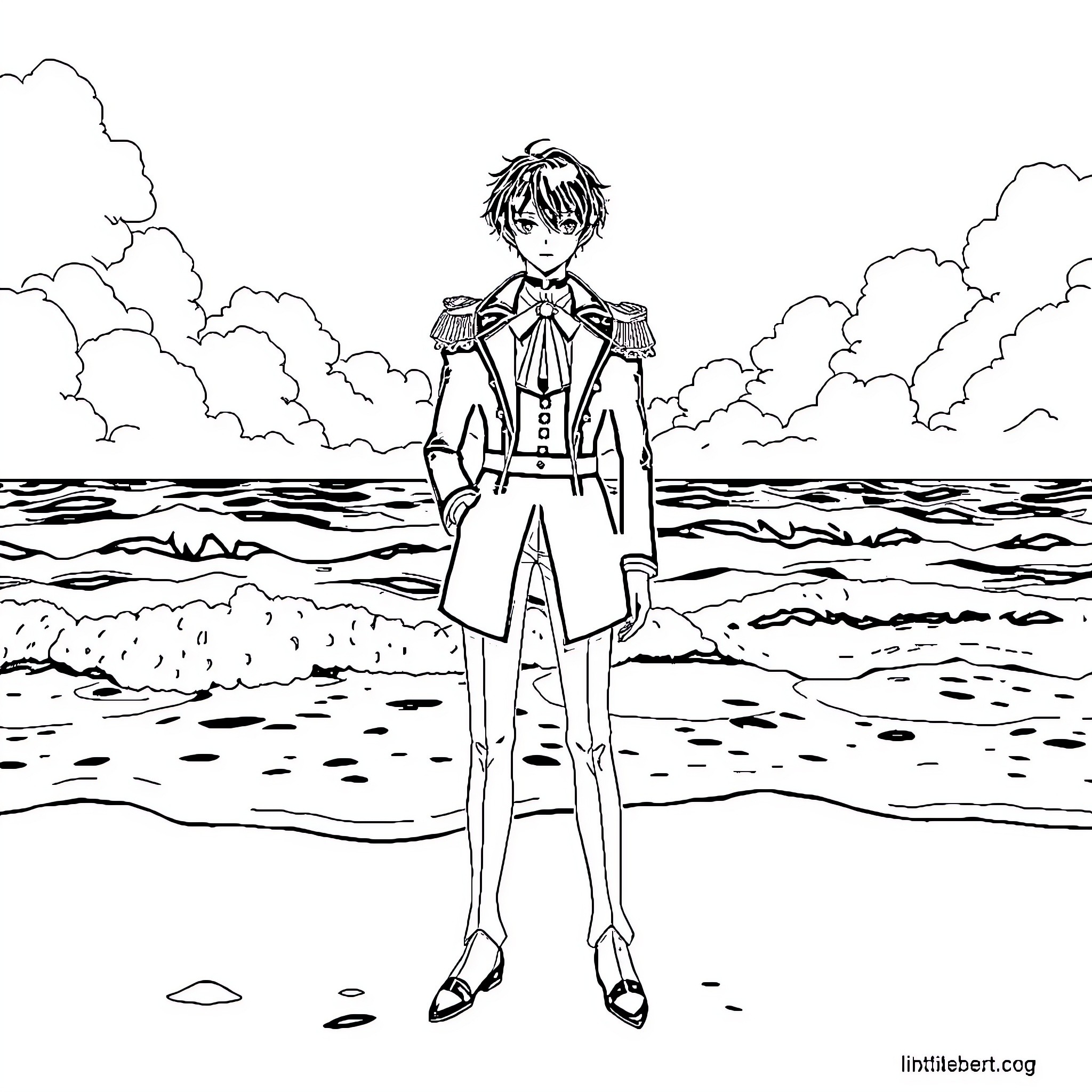 Ciel Phantomhive standing tall on the beach Coloring Page (free black-and-white line drawing printable PDF for all, from beginners to advanced learners, including children, teens, adults, and seniors)