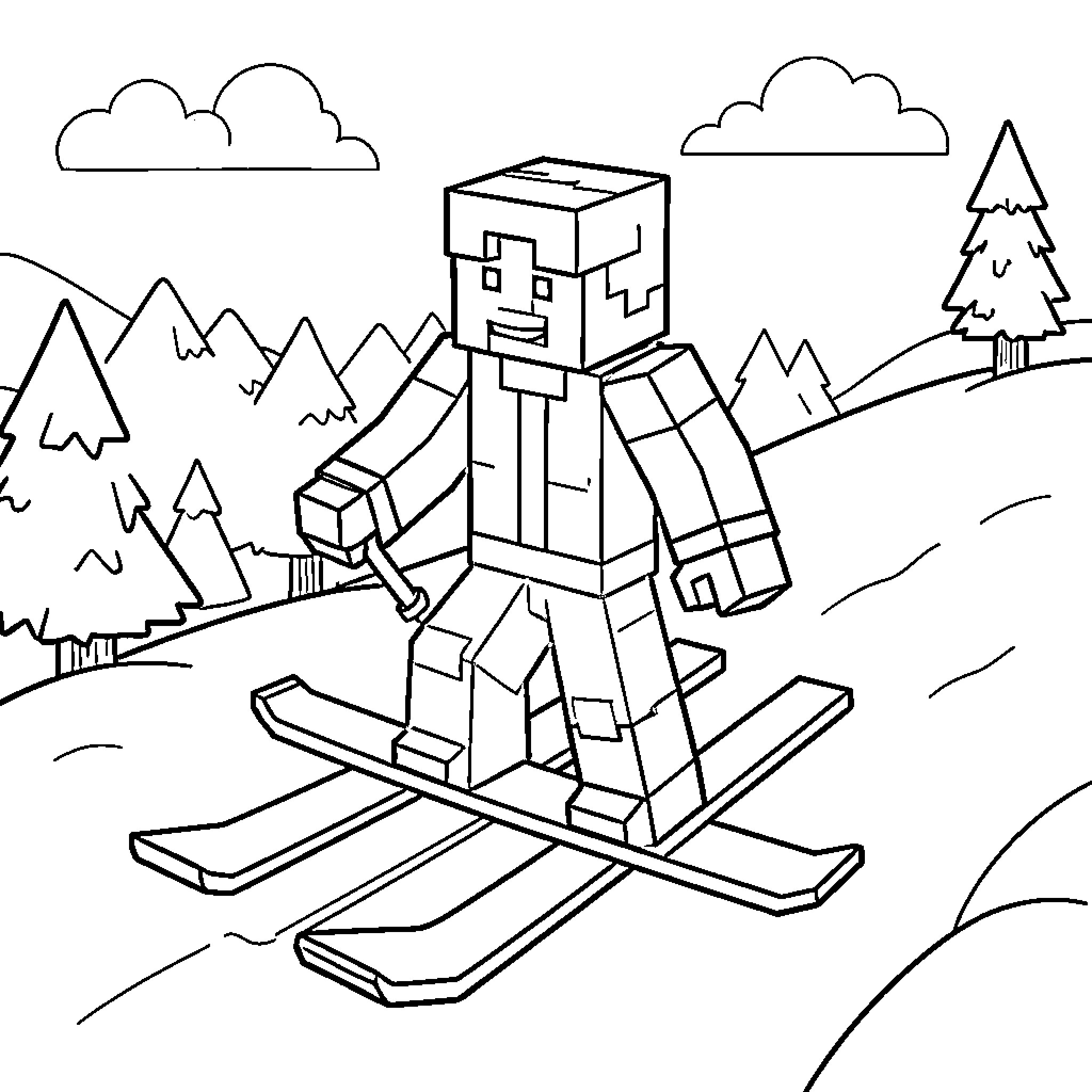 Minecraft Skier exploring snowy mountain landscape Coloring Page (free black-and-white line drawing printable PDF for all, from beginners to advanced learners, including children, teens, adults, and seniors)