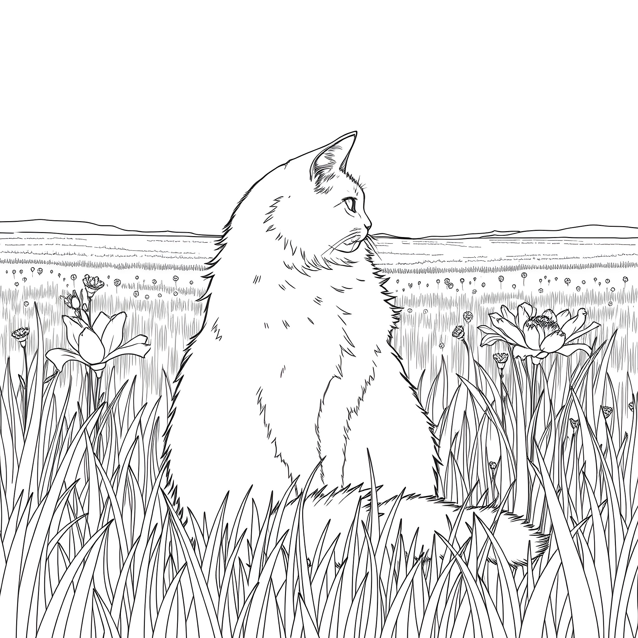 Cat in the meadow with flowers Coloring Page (free black-and-white line drawing printable PDF for all, from beginners to advanced learners, including children, teens, adults, and seniors)
