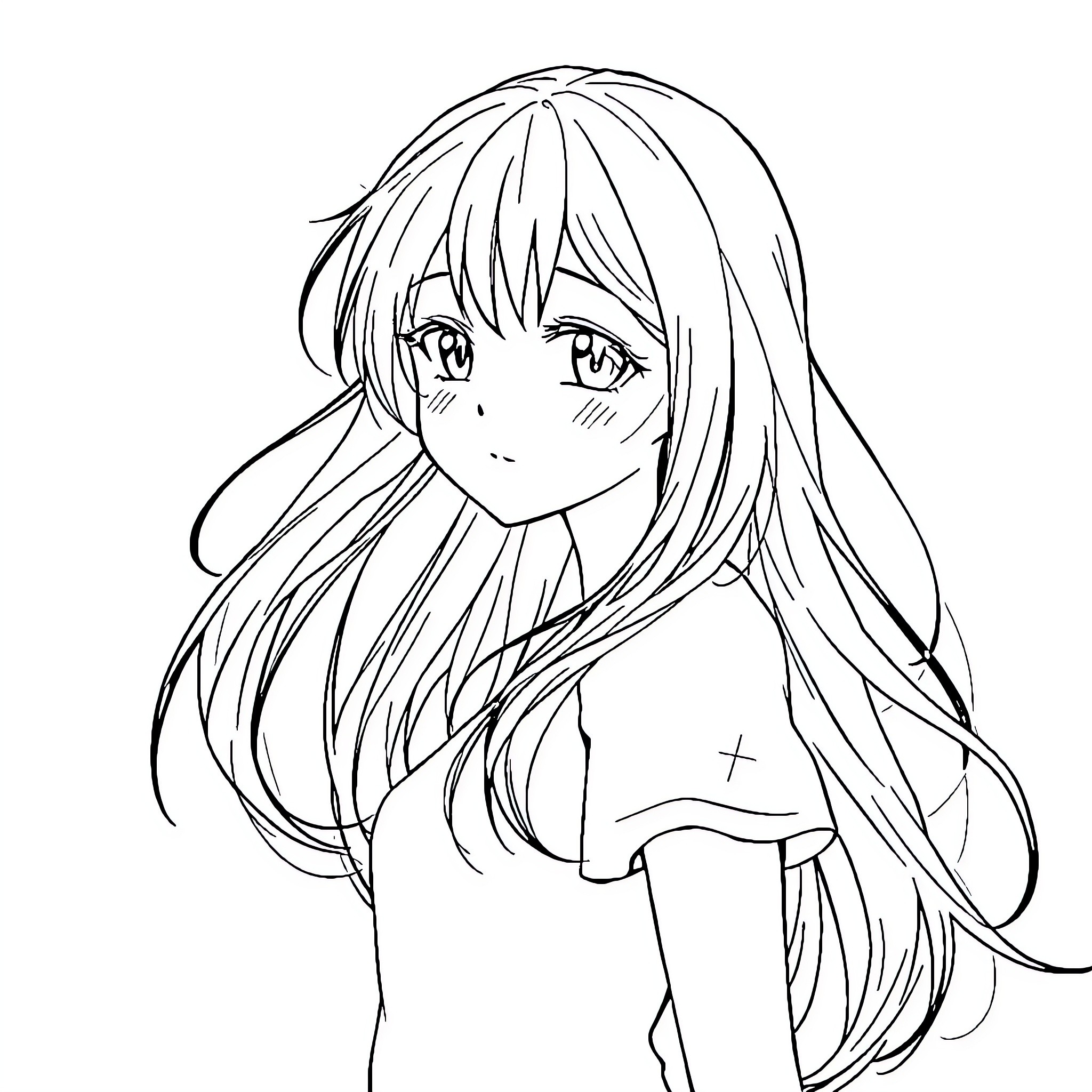 Anime Girl with Thoughtful Expression Coloring Page (free black-and-white line drawing printable PDF for all, from beginners to advanced learners, including children, teens, adults, and seniors)