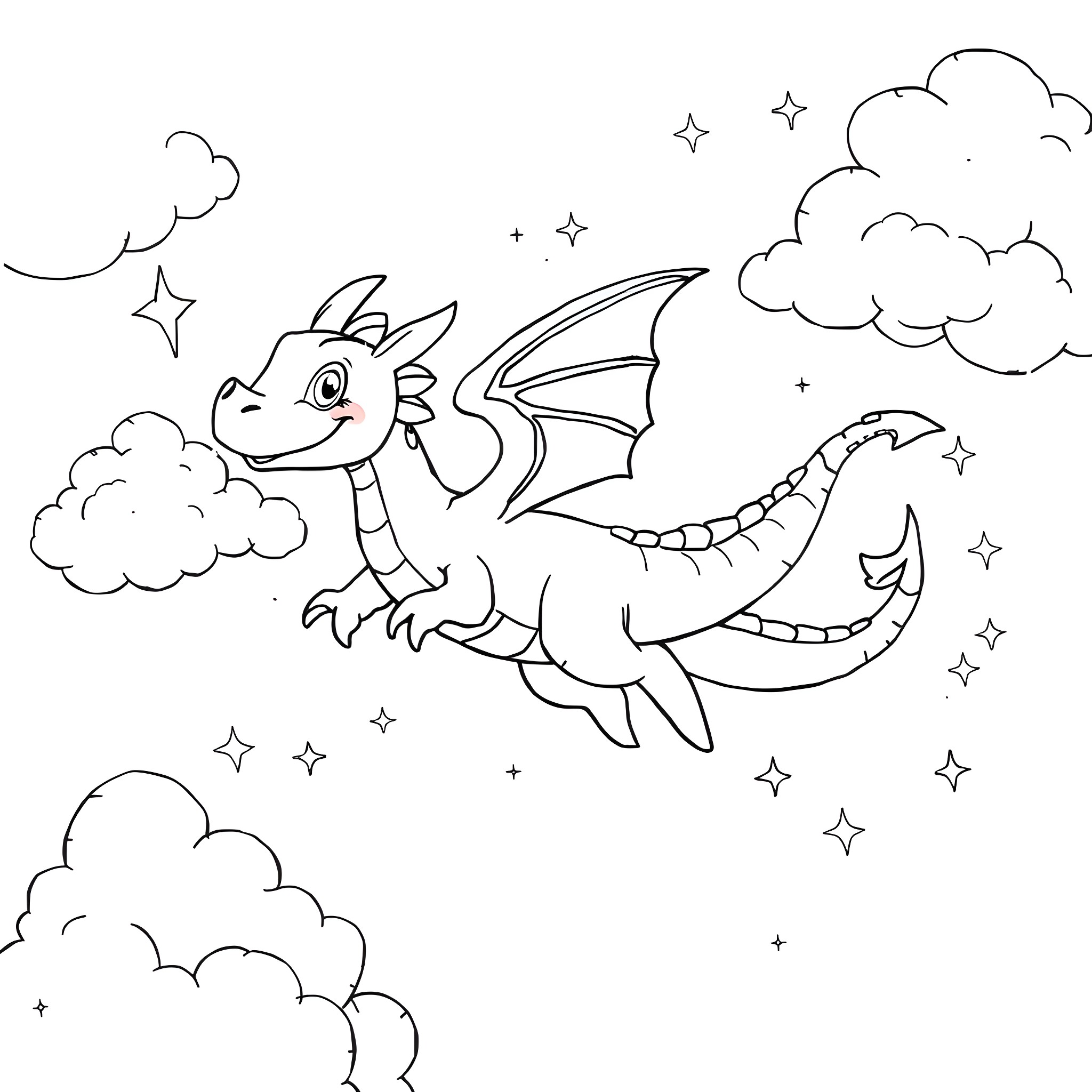 Dragon flying through the starry night sky Coloring Page (free black-and-white line drawing printable PDF for all, from beginners to advanced learners, including children, teens, adults, and seniors)