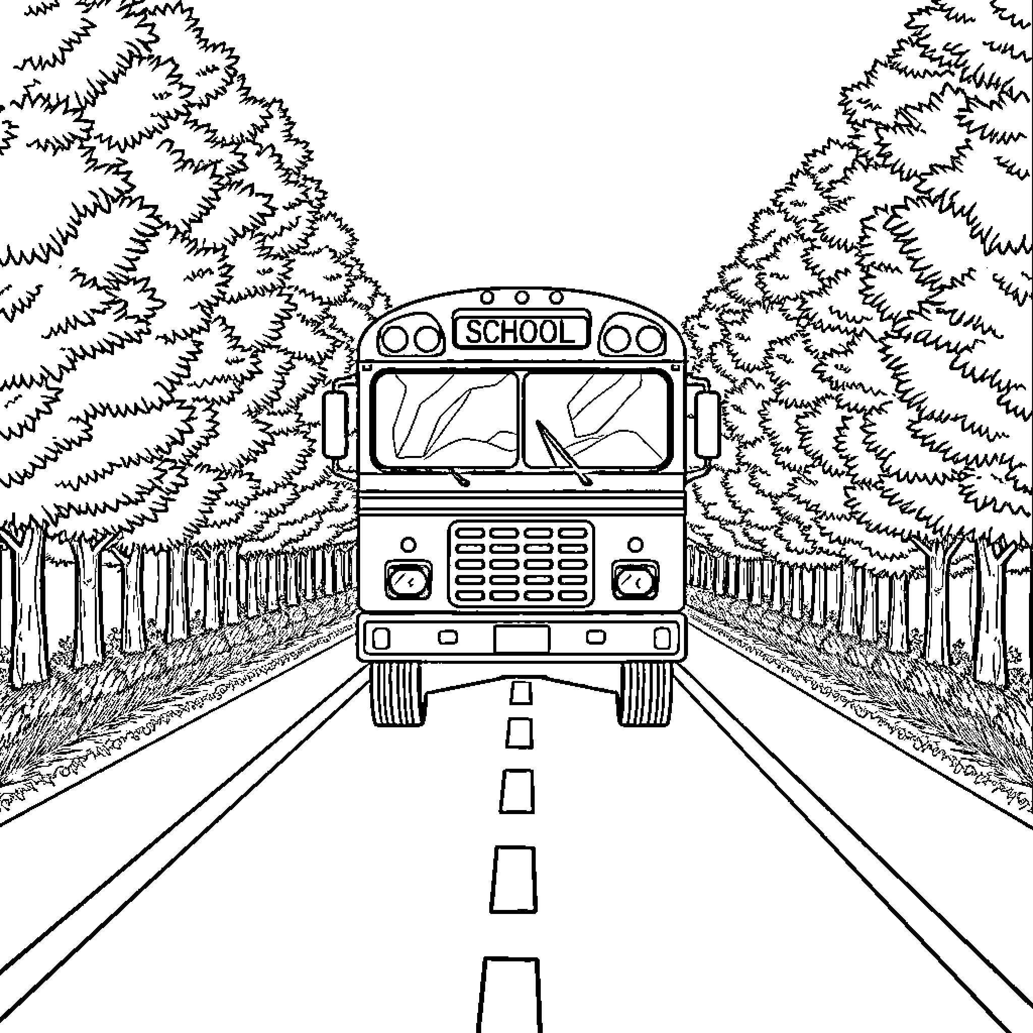 Bus transporting students through wooded landscape Coloring Page (free black-and-white line drawing printable PDF for all, from beginners to advanced learners, including children, teens, adults, and seniors)