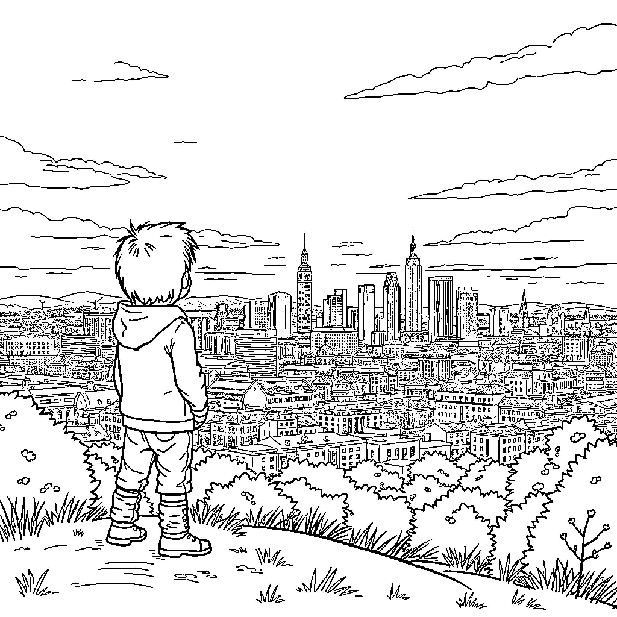 Kid gazing at the city skyline from a hilltop Coloring Page (free black-and-white line drawing printable PDF for all, from beginners to advanced learners, including children, teens, adults, and seniors)