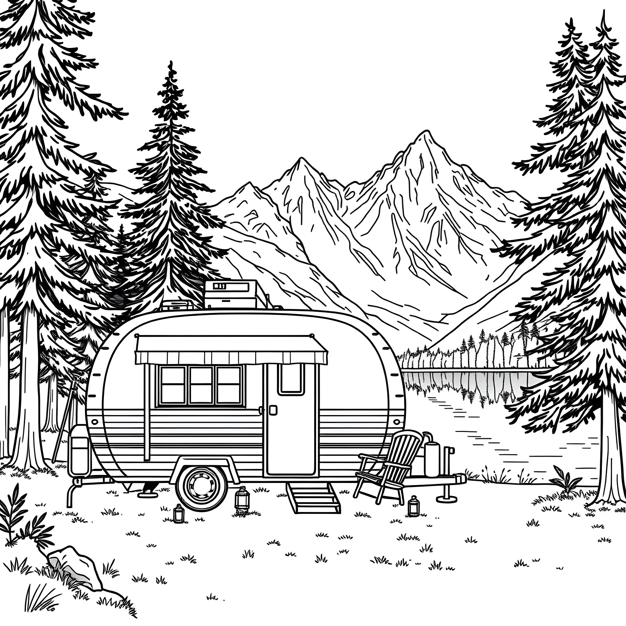 Trailer in the Mountains with Pine Trees Coloring Page (free black-and-white line drawing printable PDF for all, from beginners to advanced learners, including children, teens, adults, and seniors)