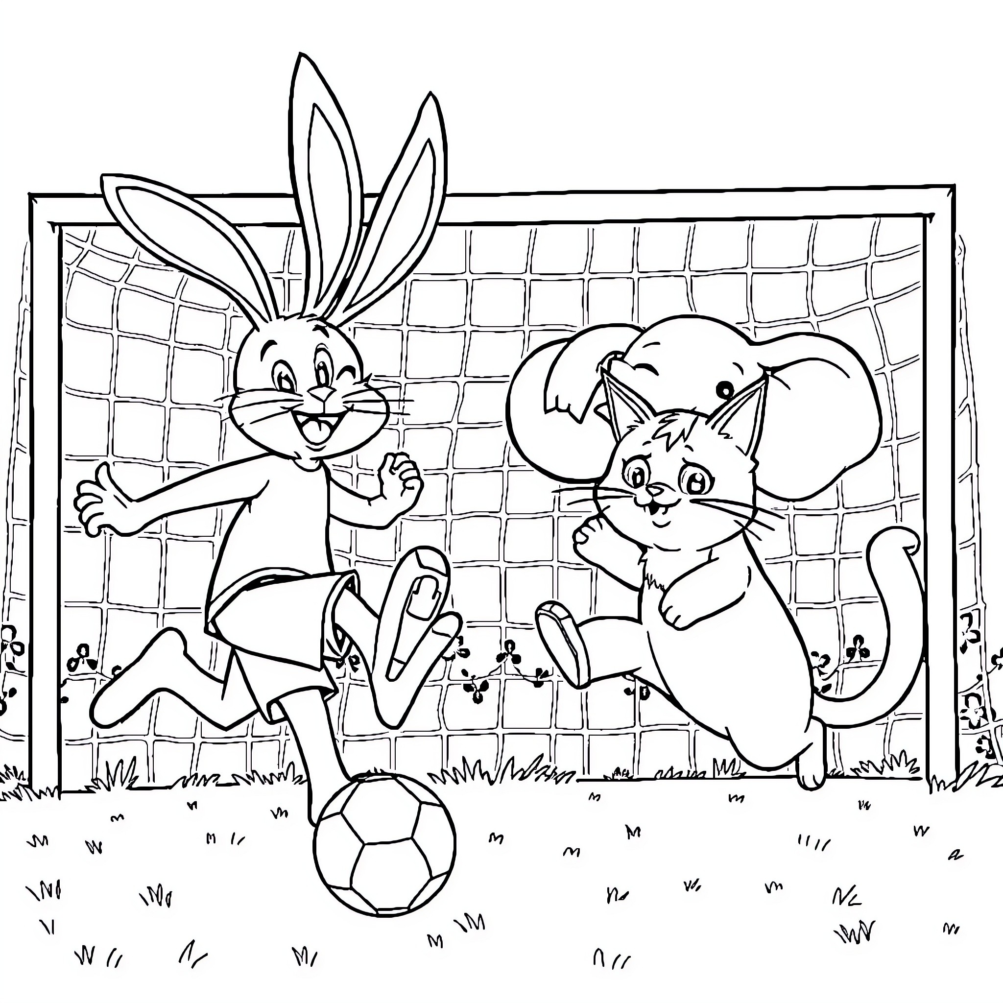 Bing Cartoon Characters Playing Soccer Together Coloring Page (free black-and-white line drawing printable PDF for all, from beginners to advanced learners, including children, teens, adults, and seniors)