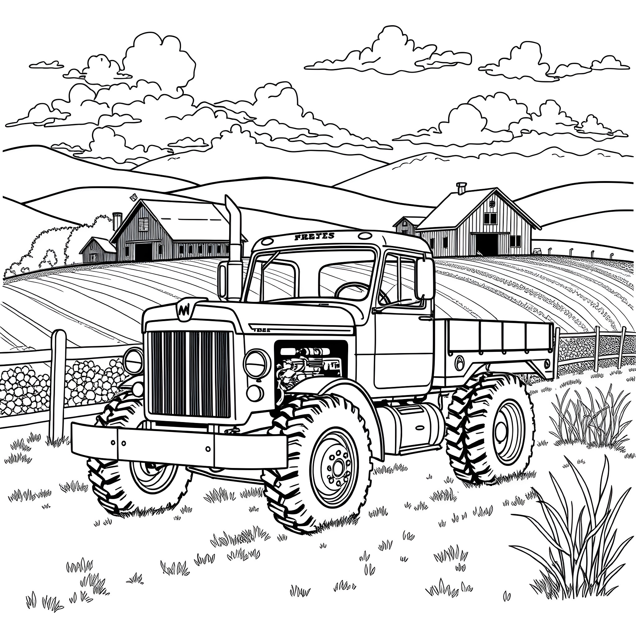 Truck transporting farm goods on rural landscape Coloring Page (free black-and-white line drawing printable PDF for all, from beginners to advanced learners, including children, teens, adults, and seniors)