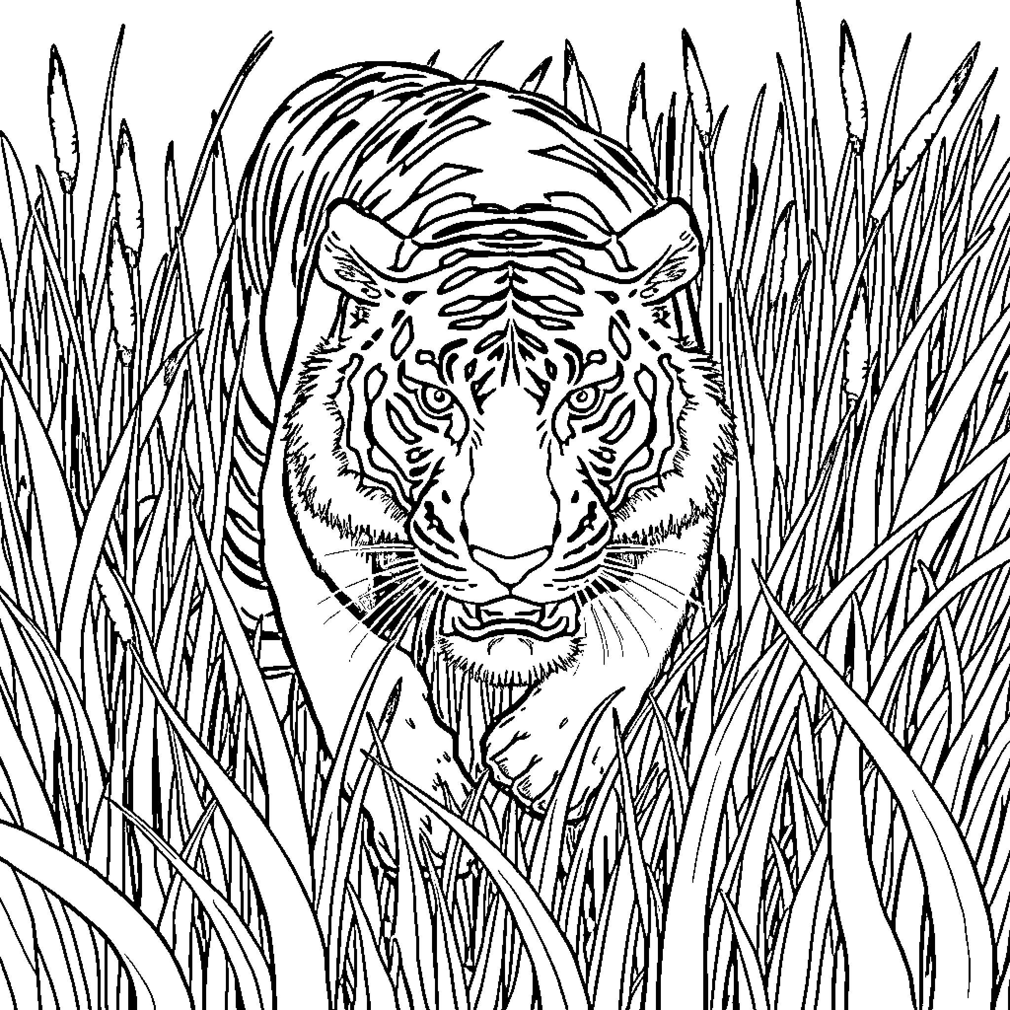 Tiger Stalking Through Tall Grass Coloring Page (free black-and-white line drawing printable PDF for all, from beginners to advanced learners, including children, teens, adults, and seniors)