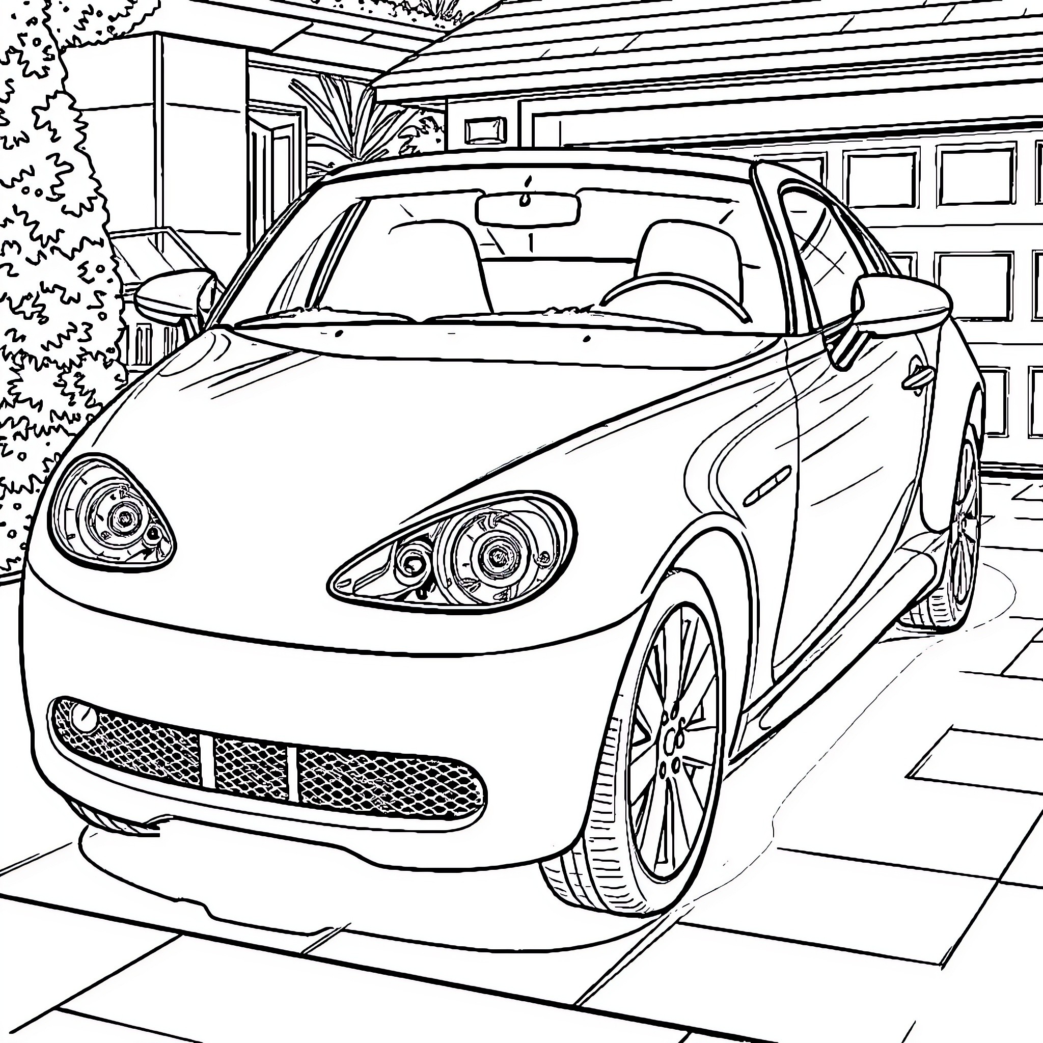 Automotive coupe in driveway Coloring Page (free black-and-white line drawing printable PDF for all, from beginners to advanced learners, including children, teens, adults, and seniors)