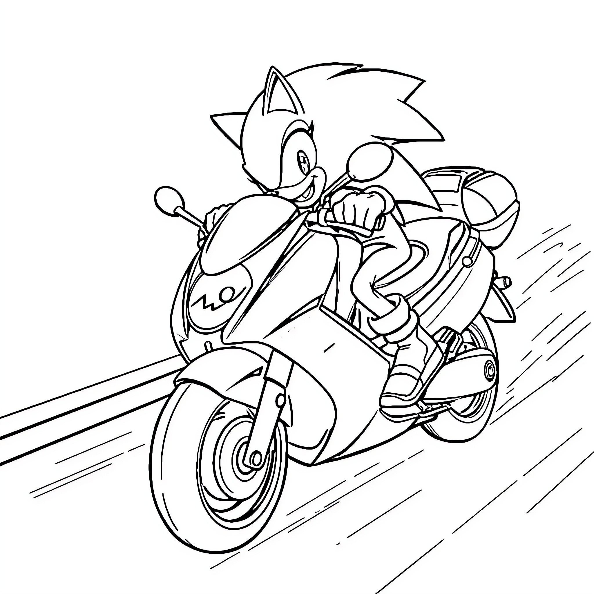 Sonic speeding on a motorcycle with intense focus Coloring Page (free black-and-white line drawing printable PDF for all, from beginners to advanced learners, including children, teens, adults, and seniors)