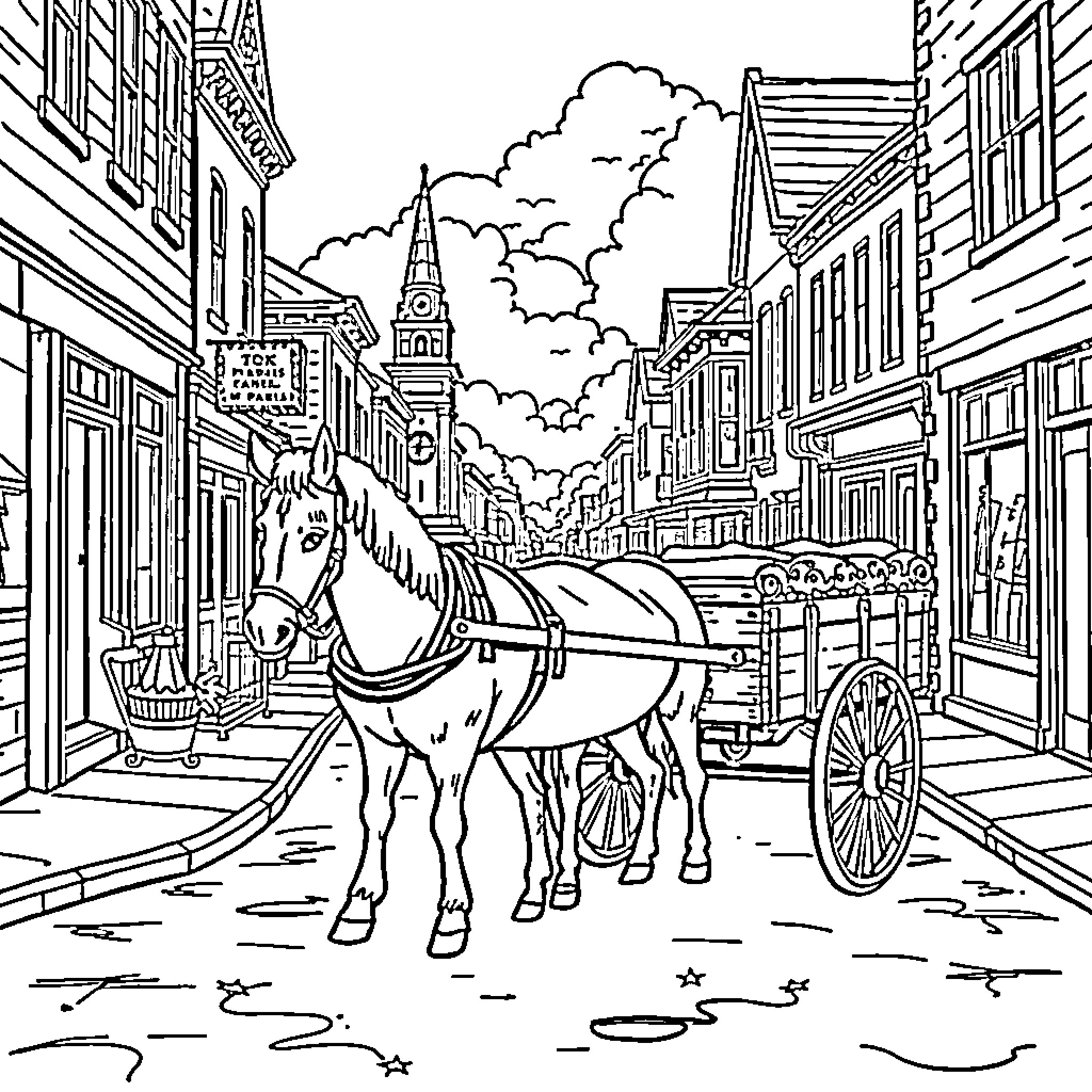 Pony-drawn carriage on cobblestone street Coloring Page (free black-and-white line drawing printable PDF for all, from beginners to advanced learners, including children, teens, adults, and seniors)