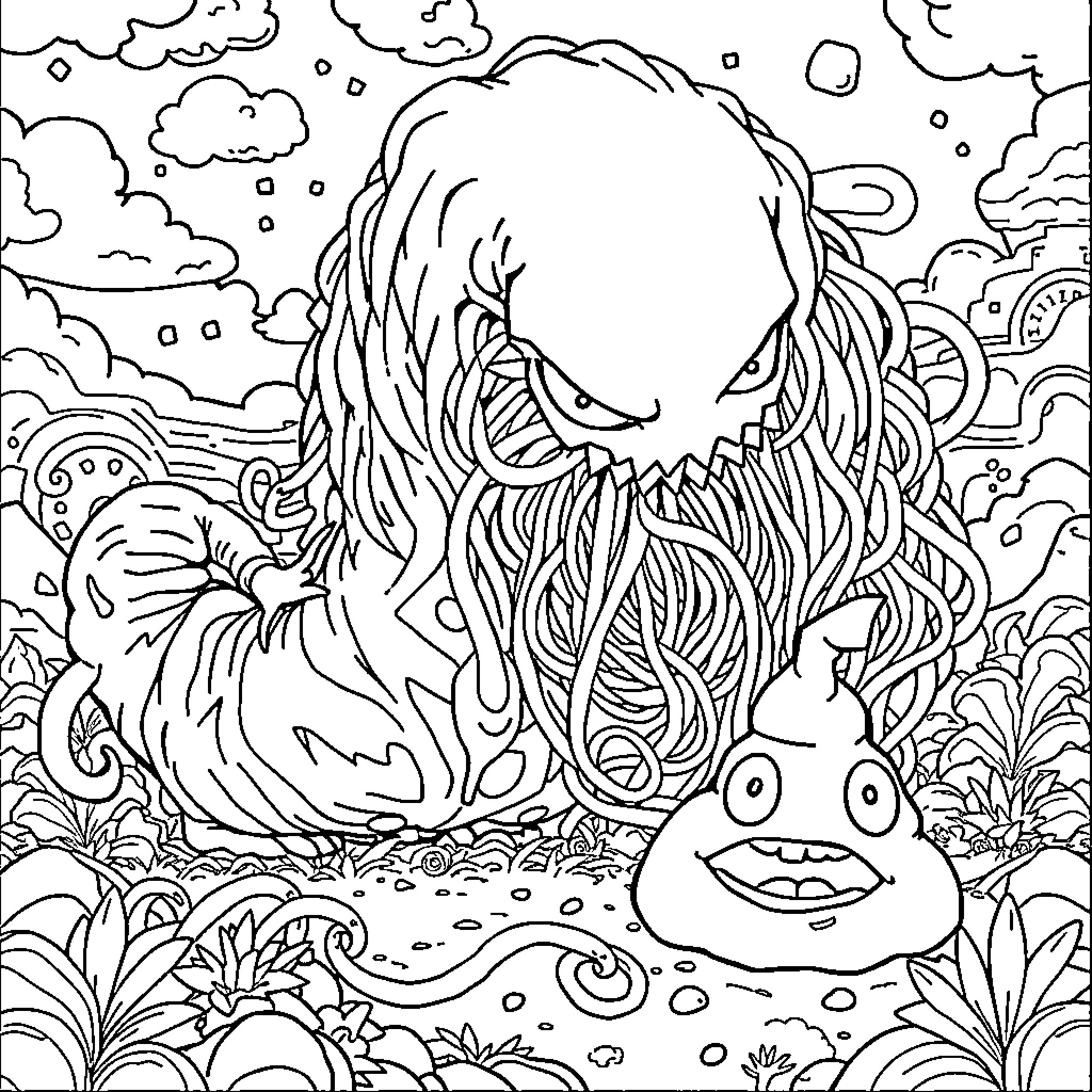 Spaghetti Monster exploring the whimsical underwater world Coloring Page (free black-and-white line drawing printable PDF for all, from beginners to advanced learners, including children, teens, adults, and seniors)