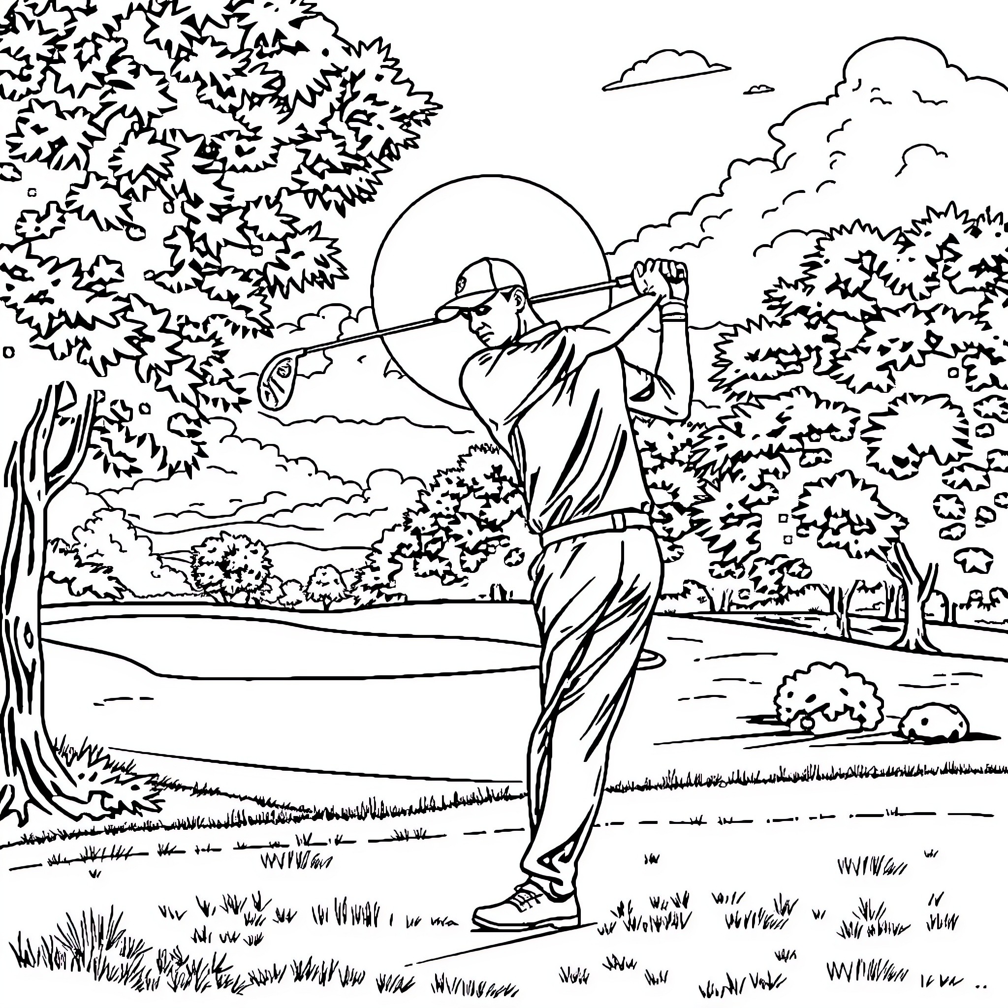 Michael Jordan playing golf in a natural landscape Coloring Page (free black-and-white line drawing printable PDF for all, from beginners to advanced learners, including children, teens, adults, and seniors)