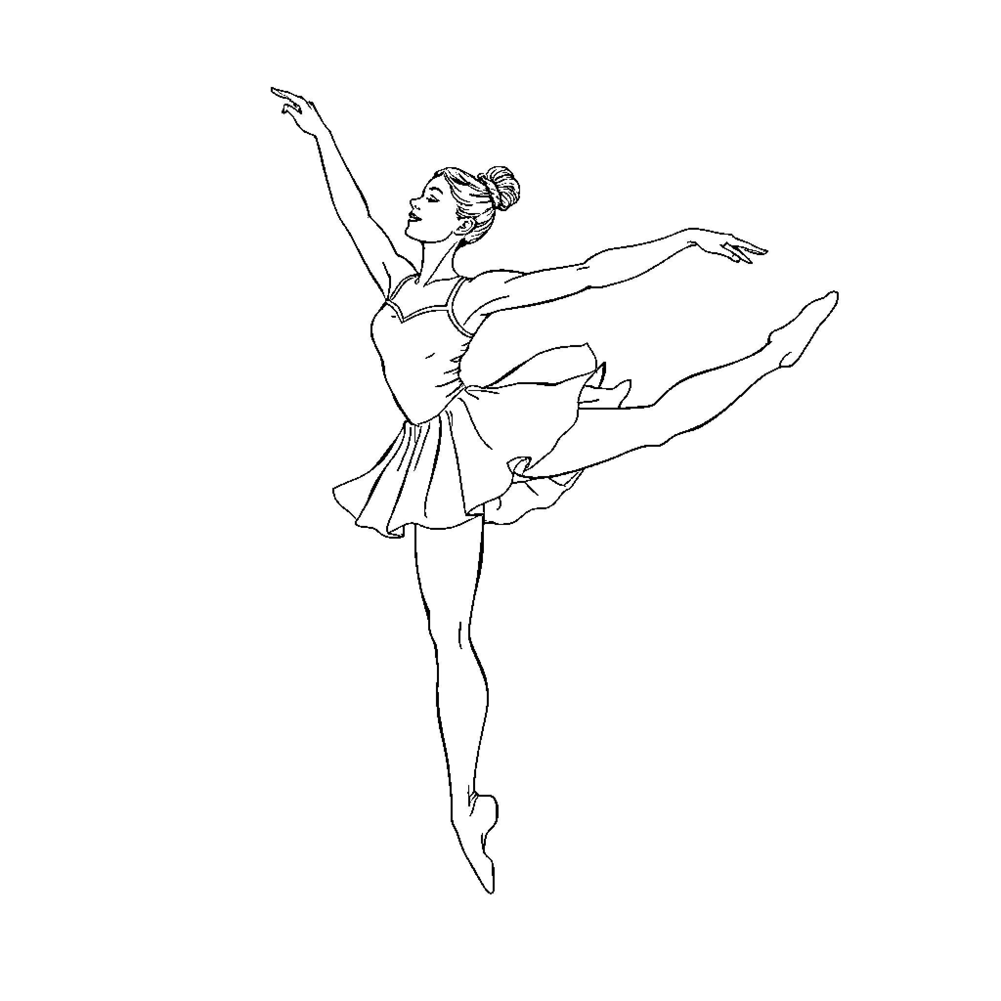Ballerina performing graceful leaping pose Coloring Page (free black-and-white line drawing printable PDF for all, from beginners to advanced learners, including children, teens, adults, and seniors)