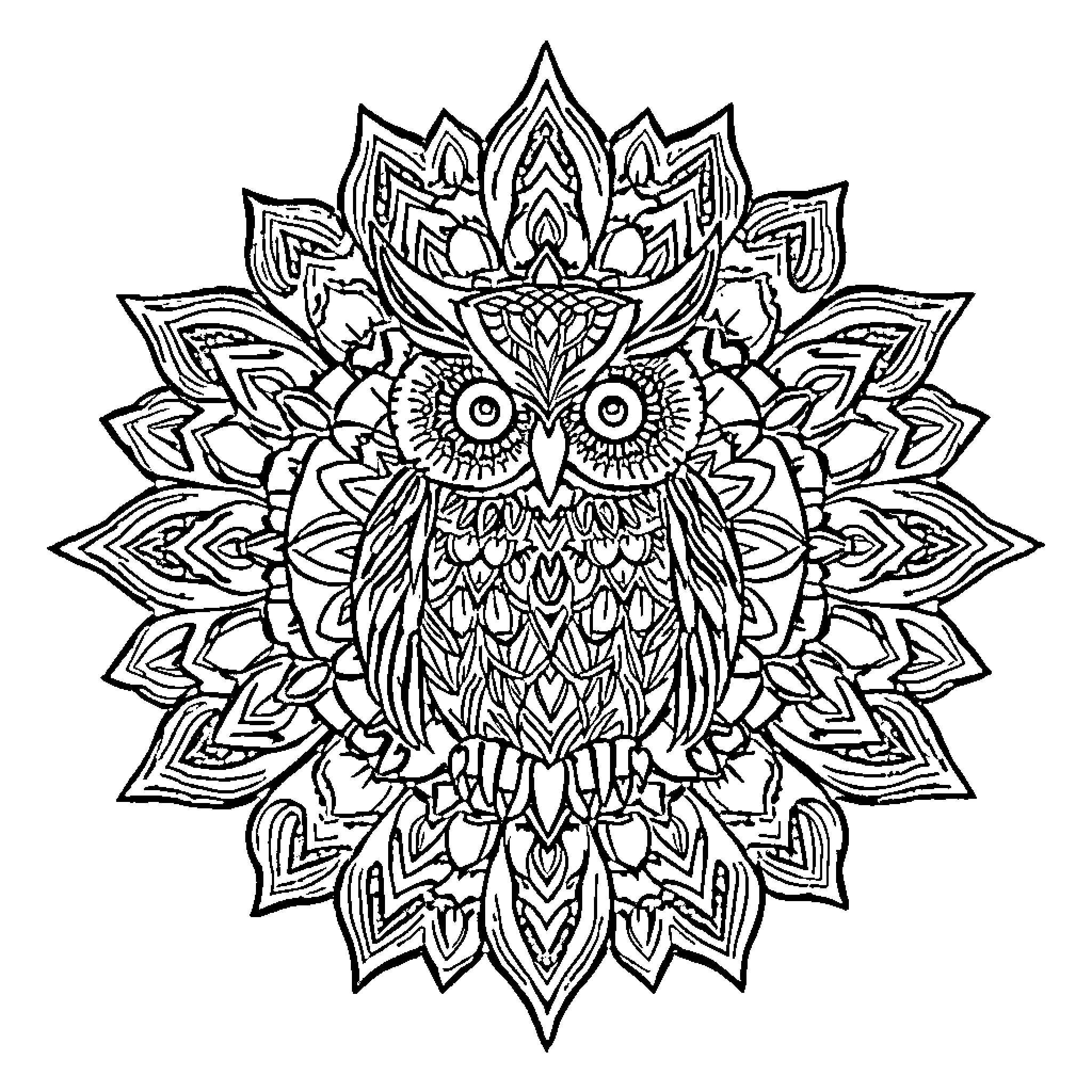 Owl Mandala Illustration Coloring Page (free black-and-white line drawing printable PDF for all, from beginners to advanced learners, including children, teens, adults, and seniors)