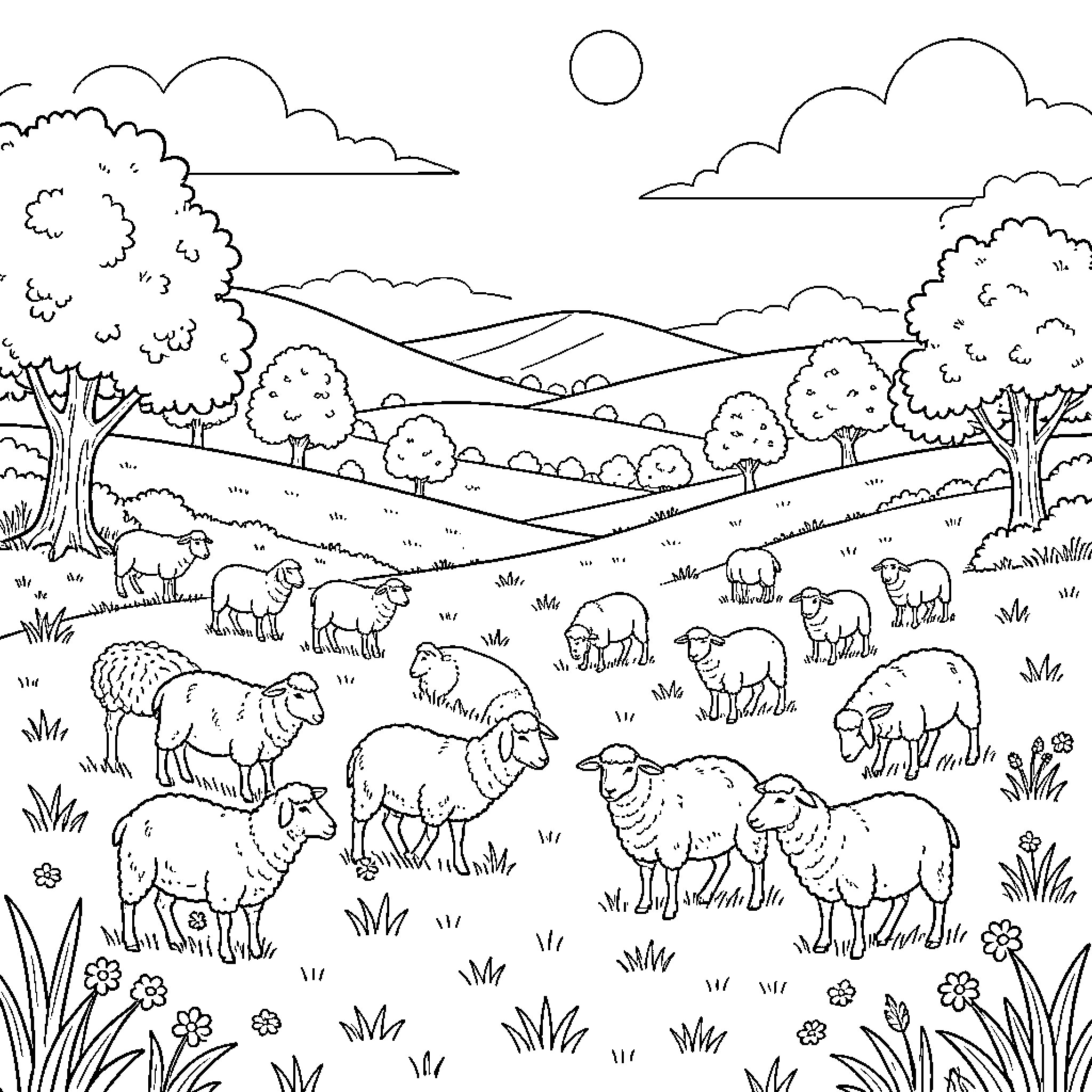 Mouton grazing peacefully in a pastoral landscape Coloring Page (free black-and-white line drawing printable PDF for all, from beginners to advanced learners, including children, teens, adults, and seniors)