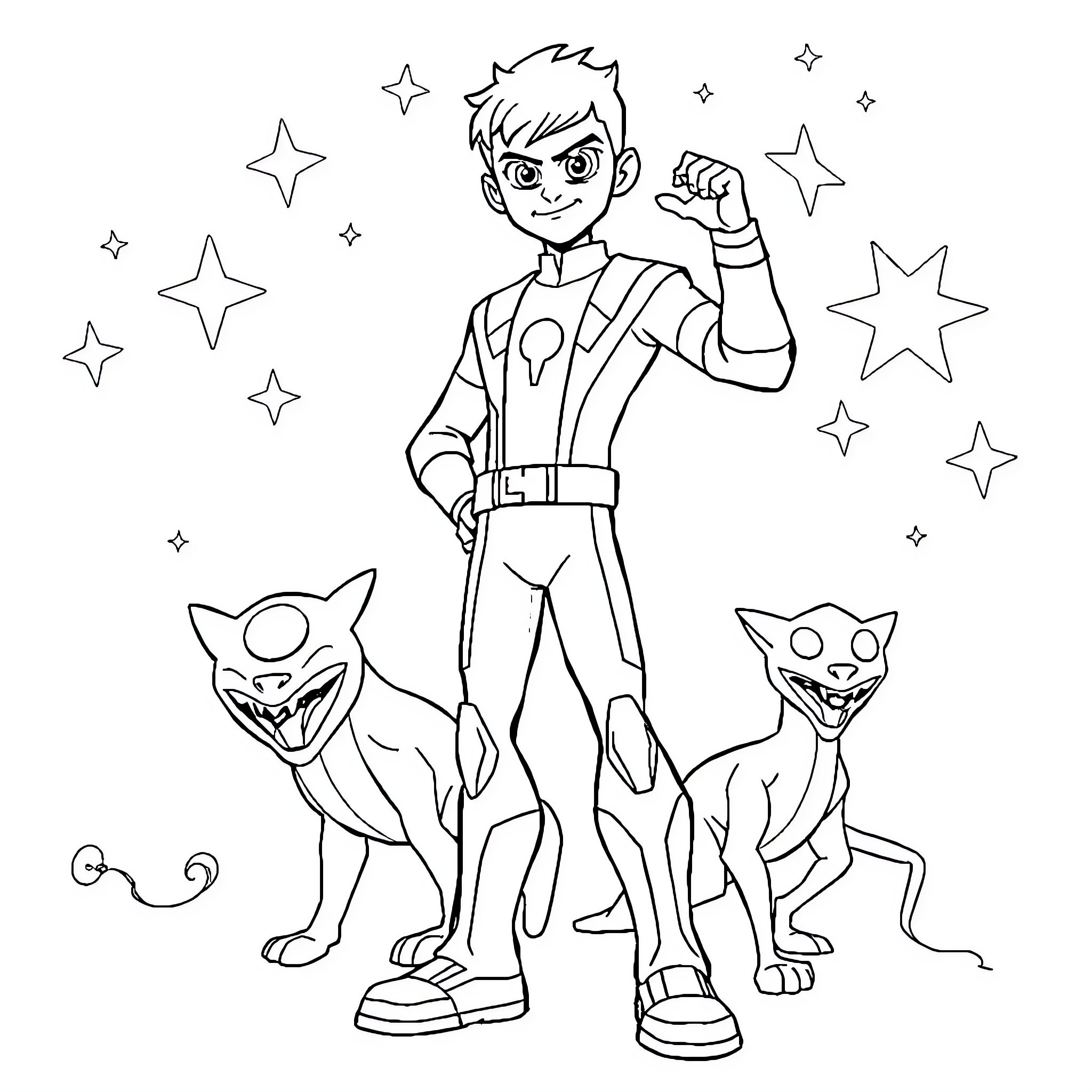 Ben 10 heroically posing with alien companions Coloring Page (free black-and-white line drawing printable PDF for all, from beginners to advanced learners, including children, teens, adults, and seniors)