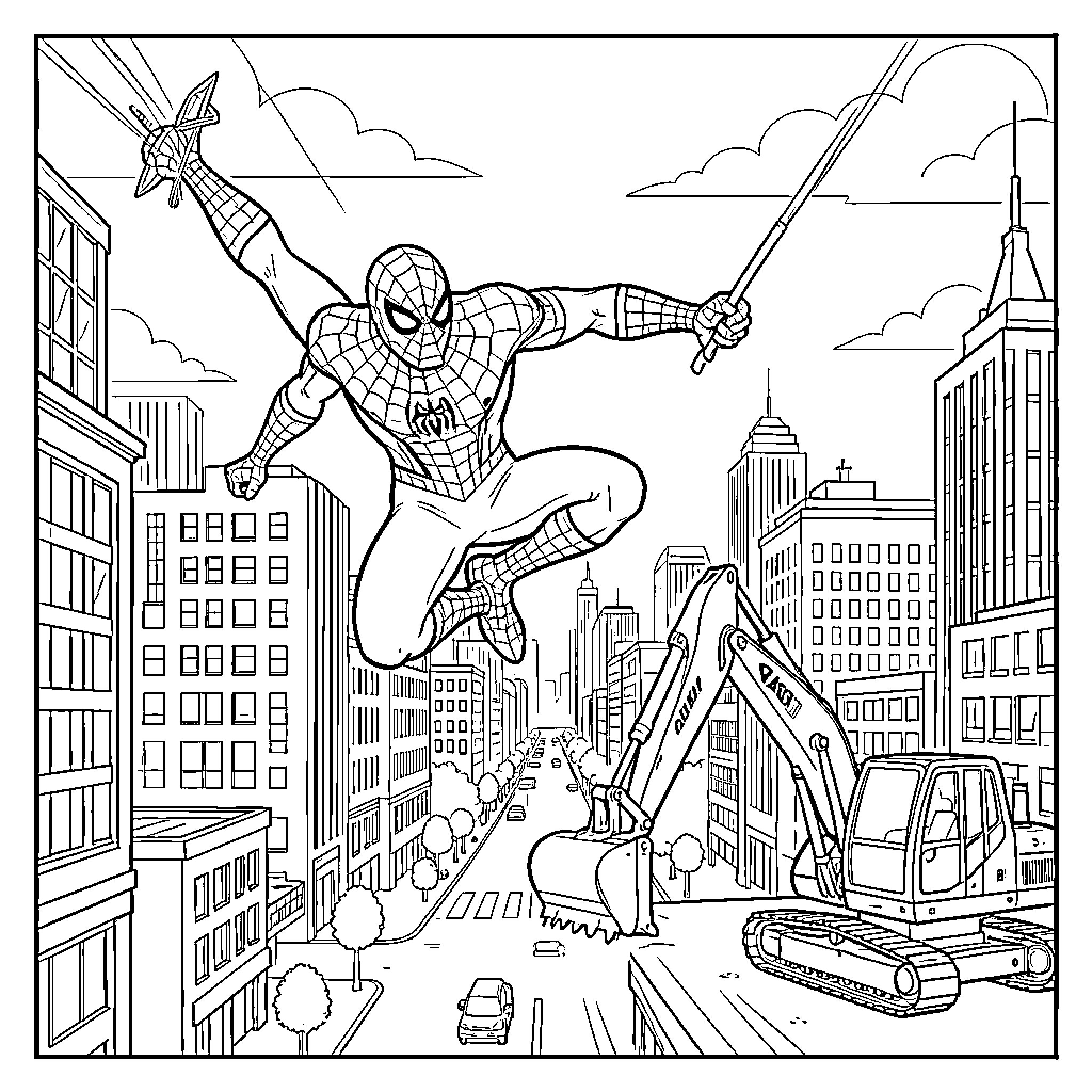 Spiderman swinging through a busy city street Coloring Page (free black-and-white line drawing printable PDF for all, from beginners to advanced learners, including children, teens, adults, and seniors)