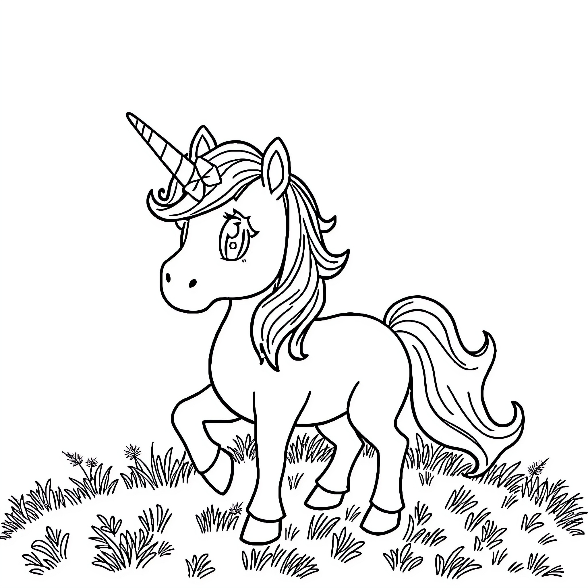 Unicorn standing in a field of flowers Coloring Page (free black-and-white line drawing printable PDF for all, from beginners to advanced learners, including children, teens, adults, and seniors)