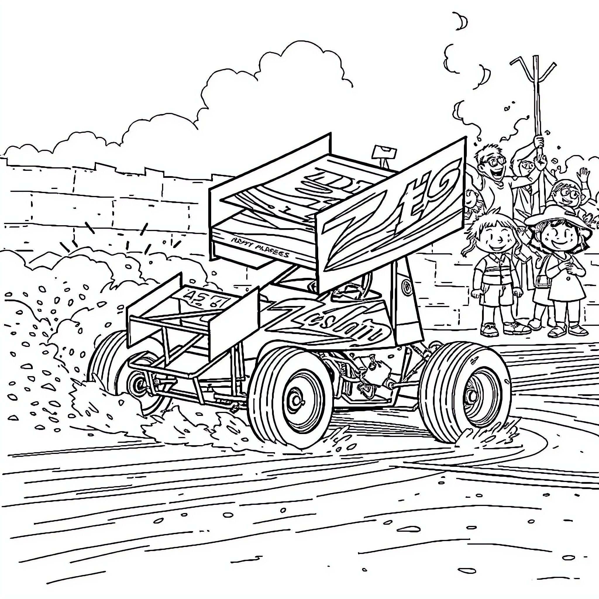 Sprint Car Racing with Cheering Crowd Coloring Page (free black-and-white line drawing printable PDF for all, from beginners to advanced learners, including children, teens, adults, and seniors)