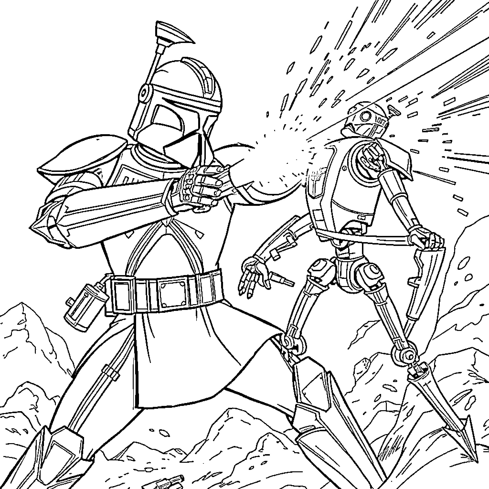 Captain Rex Leading Charge with Companion Droid Coloring Page (free black-and-white line drawing printable PDF for all, from beginners to advanced learners, including children, teens, adults, and seniors)