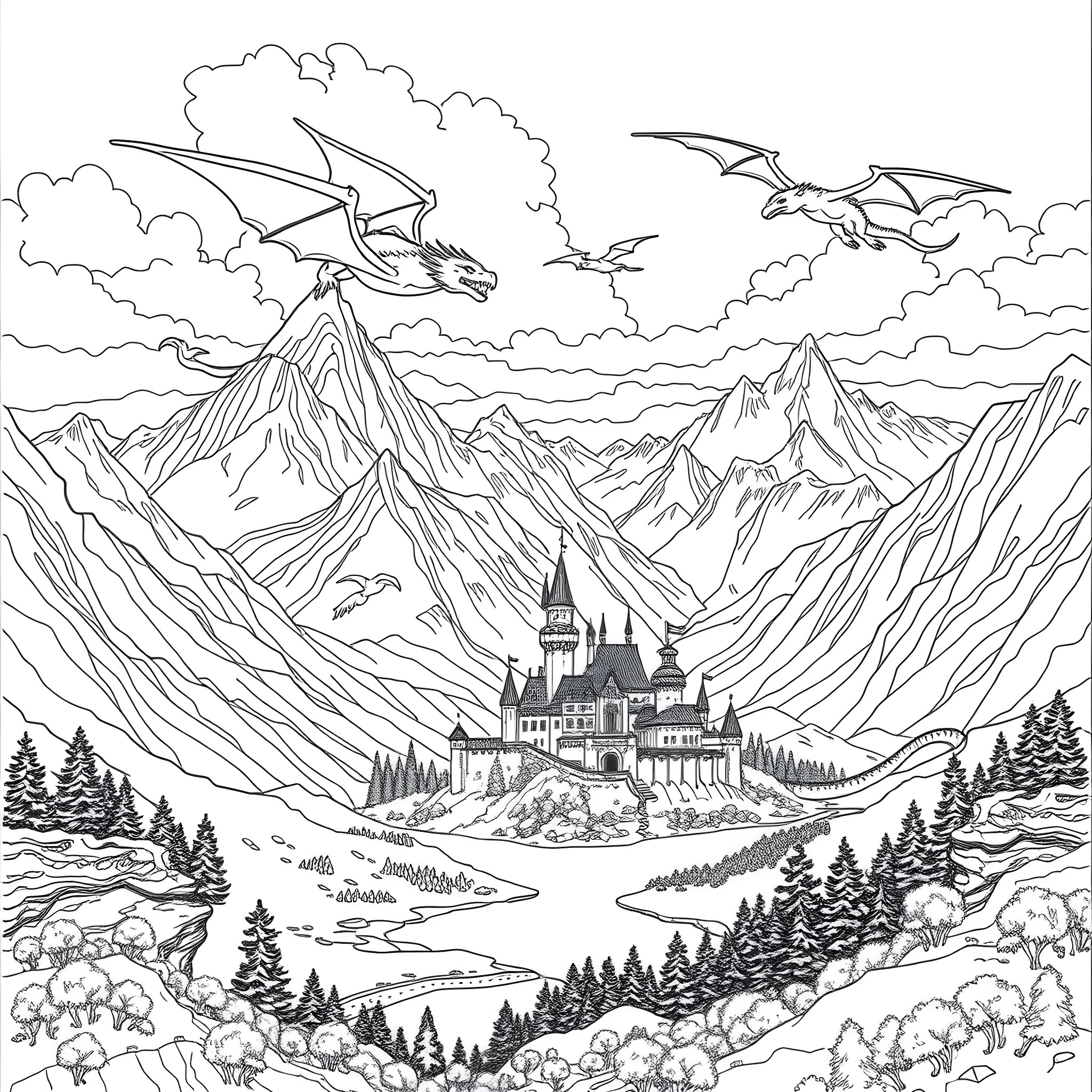 Dragons soaring above a majestic castle in the mountains Coloring Page (free black-and-white line drawing printable PDF for all, from beginners to advanced learners, including children, teens, adults, and seniors)