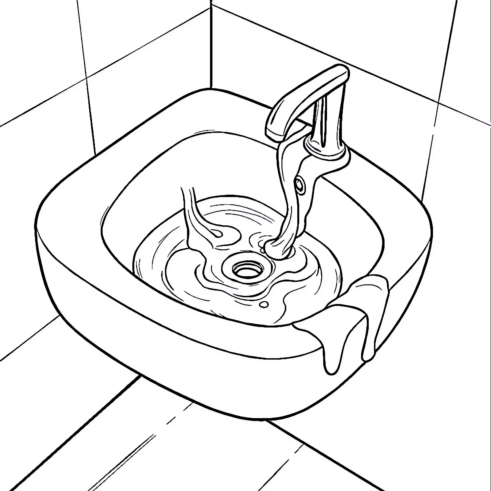 Lavabo with flowing water Coloring Page (free black-and-white line drawing printable PDF for all, from beginners to advanced learners, including children, teens, adults, and seniors)