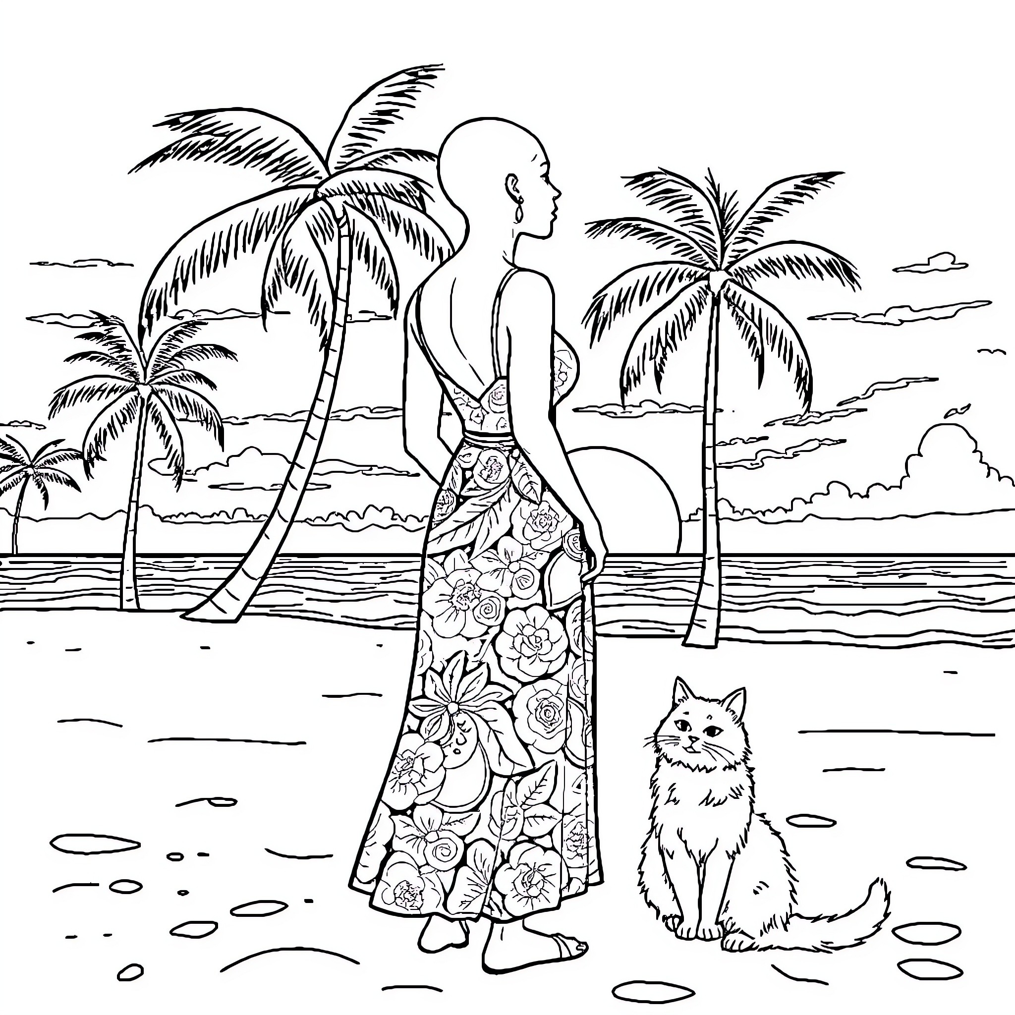 Woman strolling along a tropical beach with her pet Coloring Page (free black-and-white line drawing printable PDF for all, from beginners to advanced learners, including children, teens, adults, and seniors)