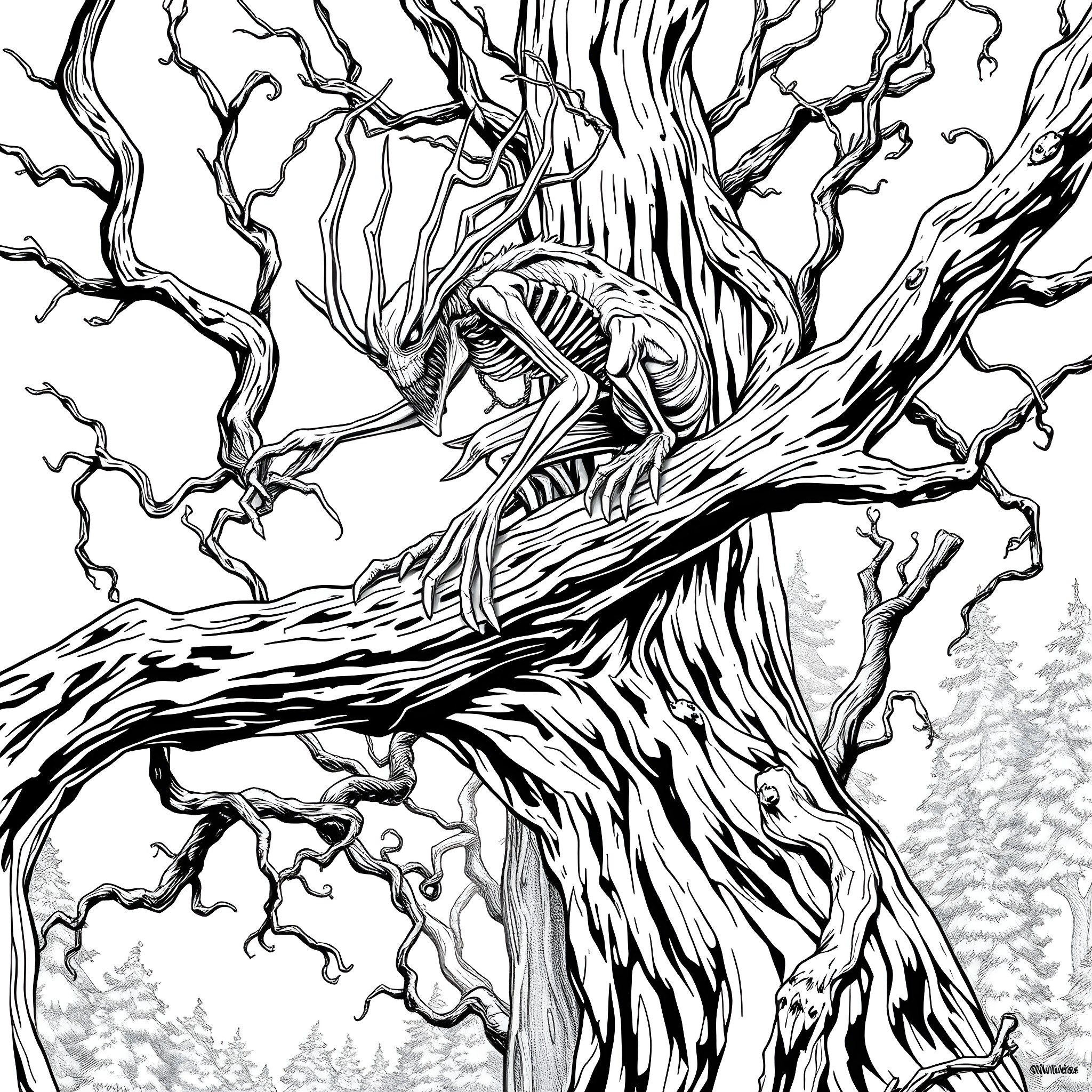 Wendigo lurking within the twisted, gnarled forest Coloring Page (free black-and-white line drawing printable PDF for all, from beginners to advanced learners, including children, teens, adults, and seniors)